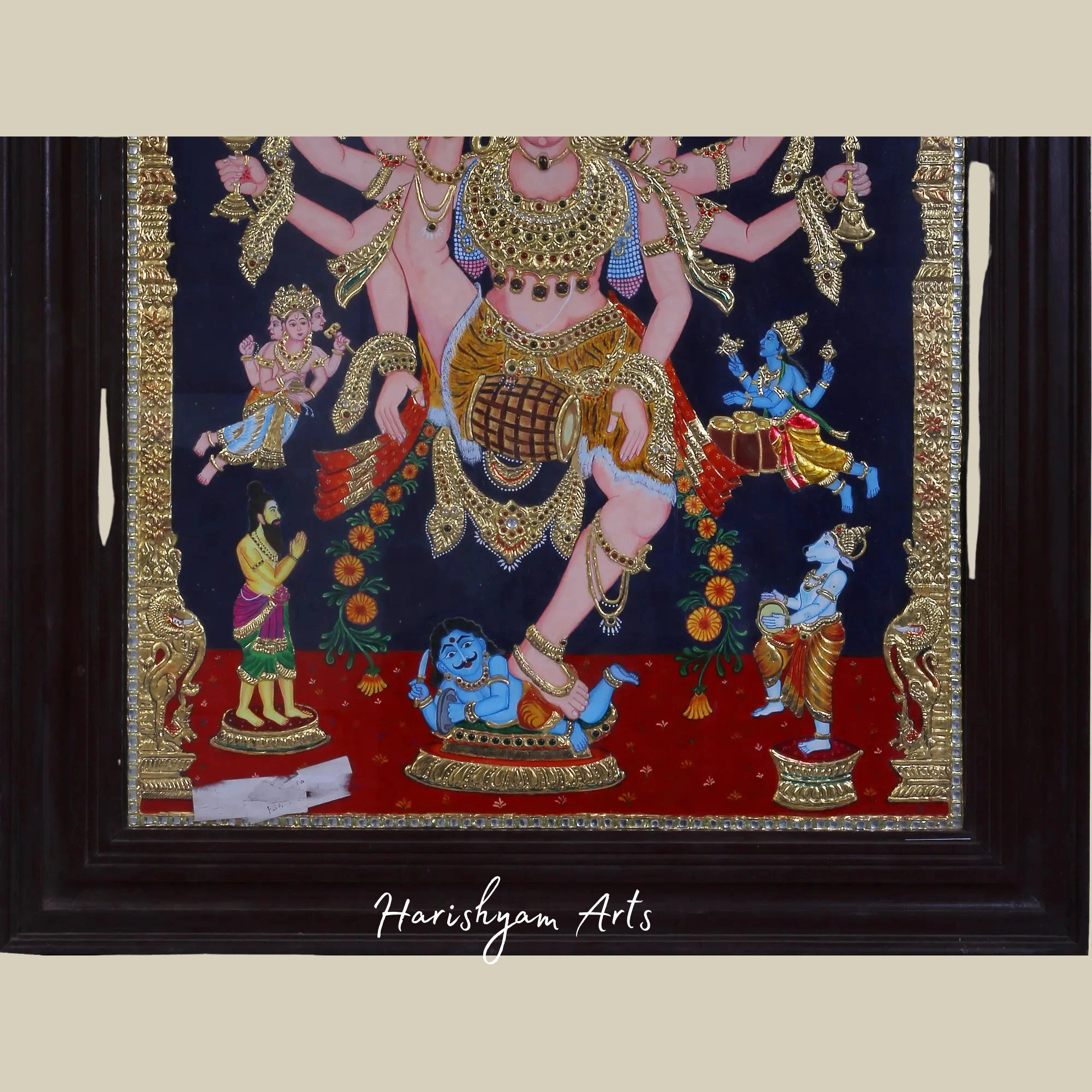 36" Dancing Shiva in Dynamic Pose Tanjore Painting with 24K Gold Accents