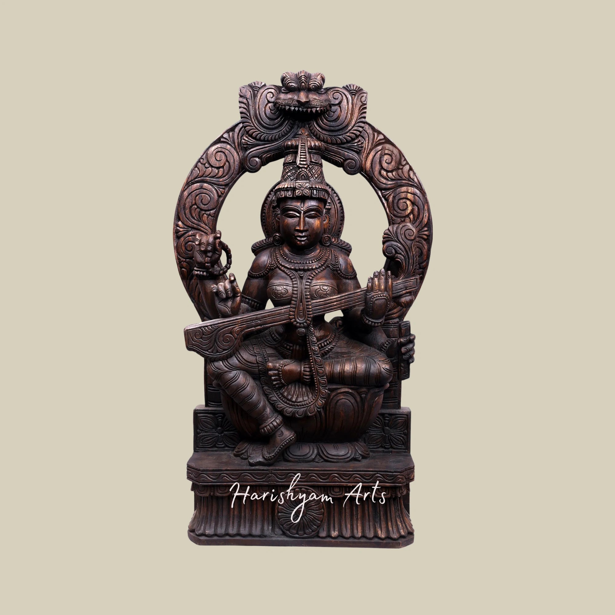 36" Decorative Saraswati Wooden Figurine Large Devi Sculpture