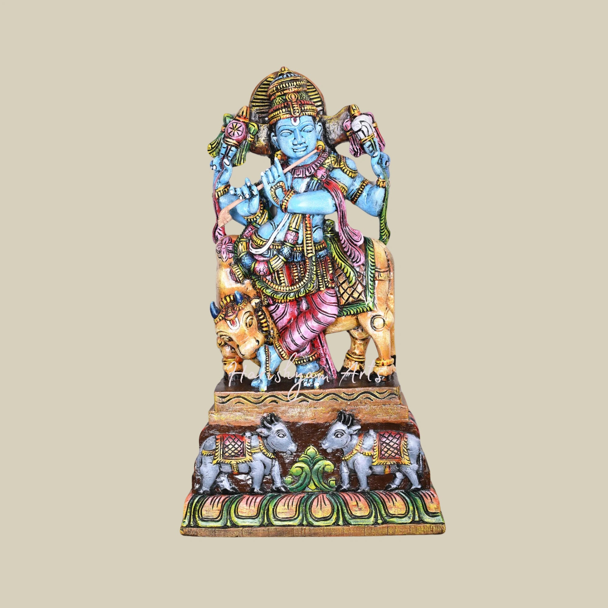 36" Decorative Wooden Krishna Murti, Protector of Cows, Multicoloured Handmade Sculpture for Your Pooja Room