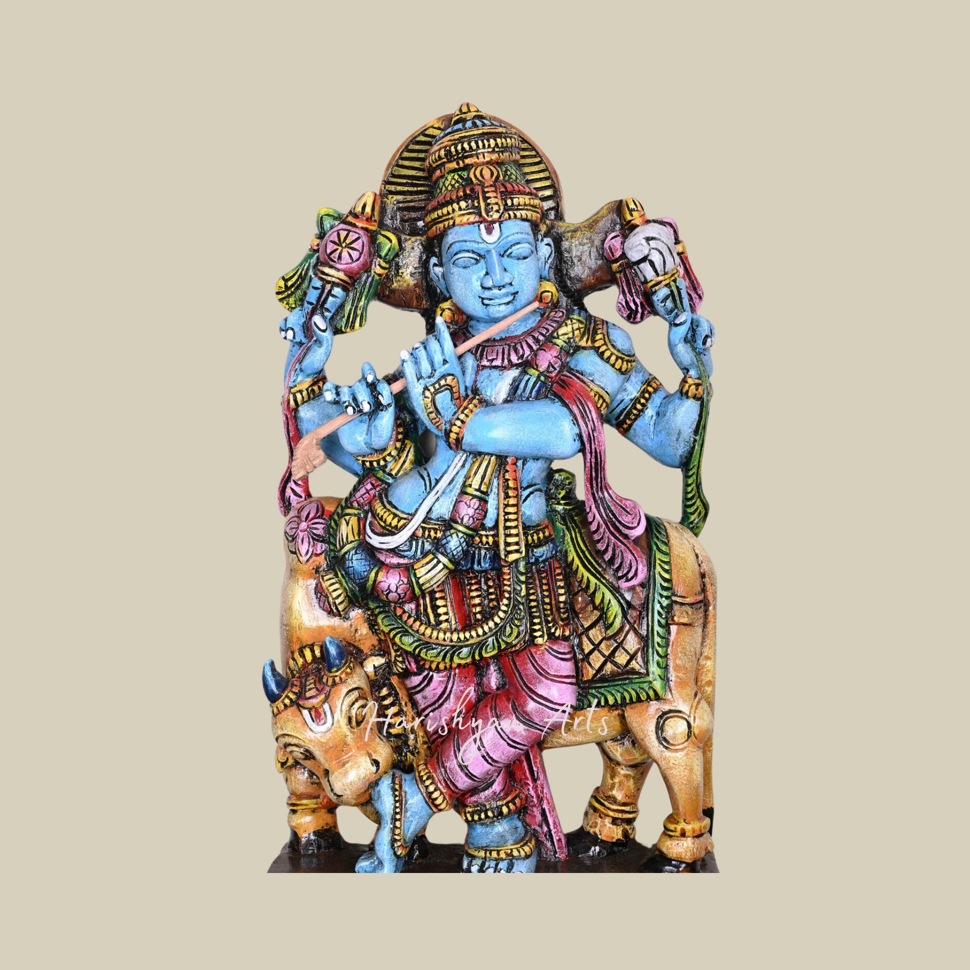 36" Decorative Wooden Krishna Murti, Protector of Cows, Multicoloured Handmade Sculpture for Your Pooja Room1