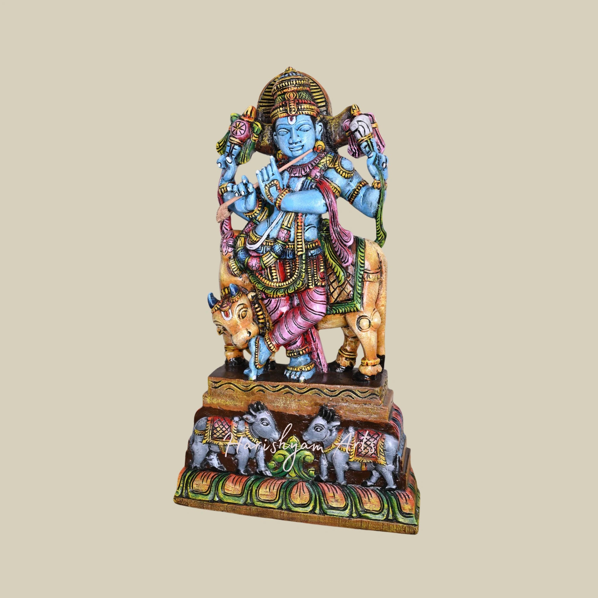 36" Decorative Wooden Krishna Murti, Protector of Cows, Multicoloured Handmade Sculpture for Your Pooja Room2