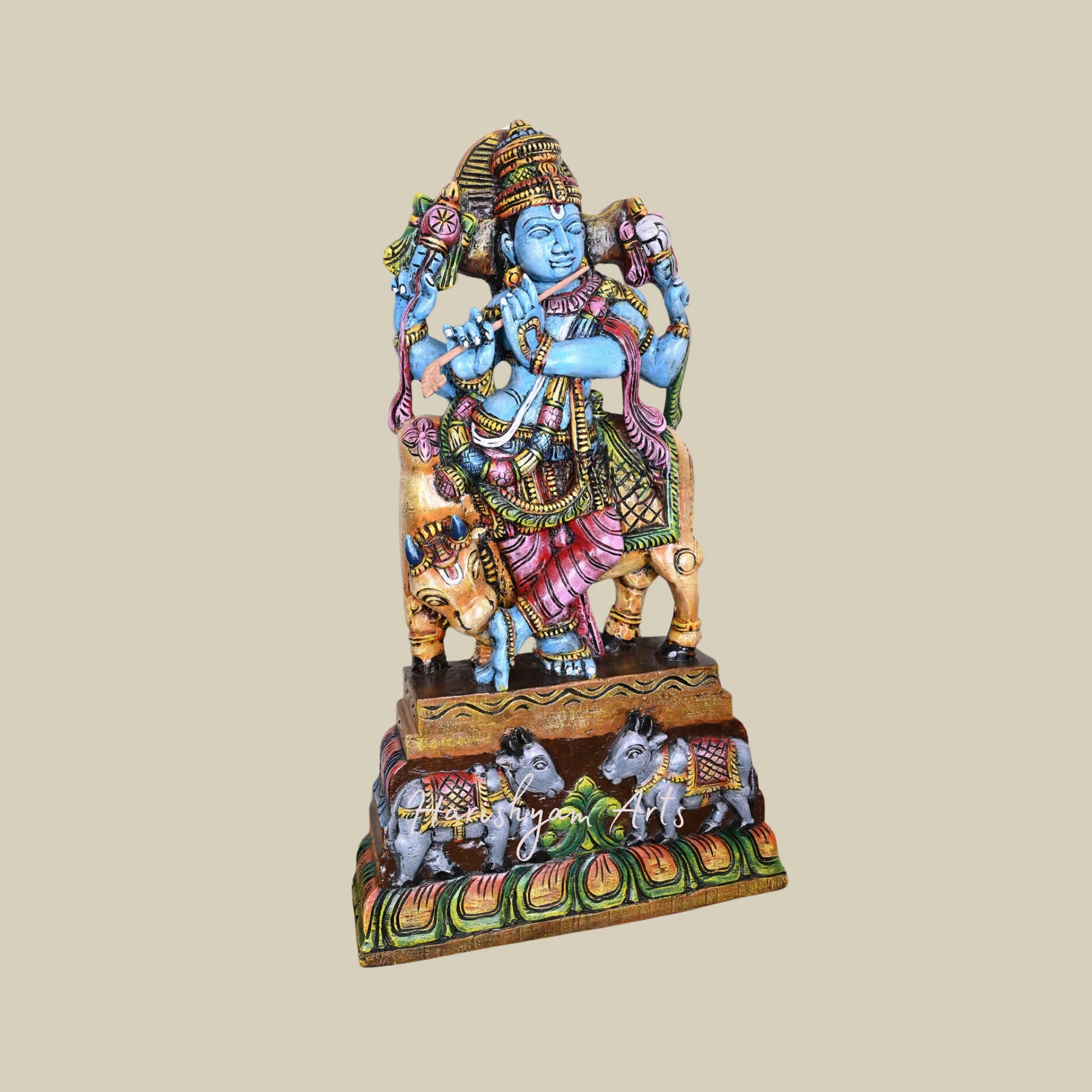 36" Decorative Wooden Krishna Murti, Protector of Cows, Multicoloured Handmade Sculpture for Your Pooja Room4