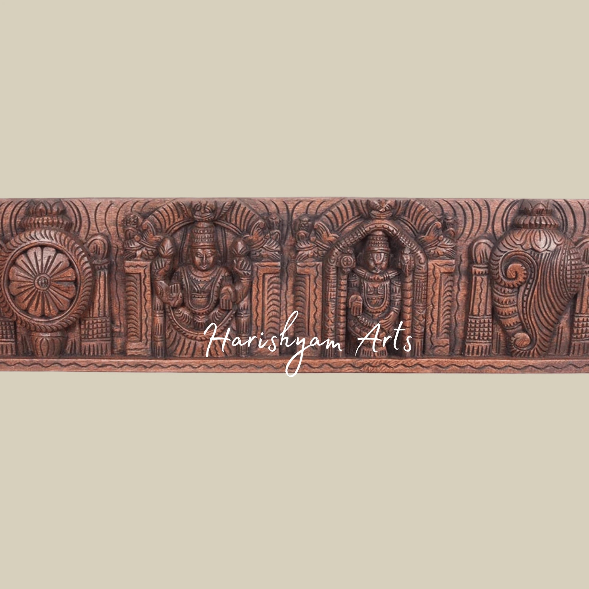 36" Divine Lord Balaji with Padmavathi Holding Conch & Chakra Wooden Wall Panel