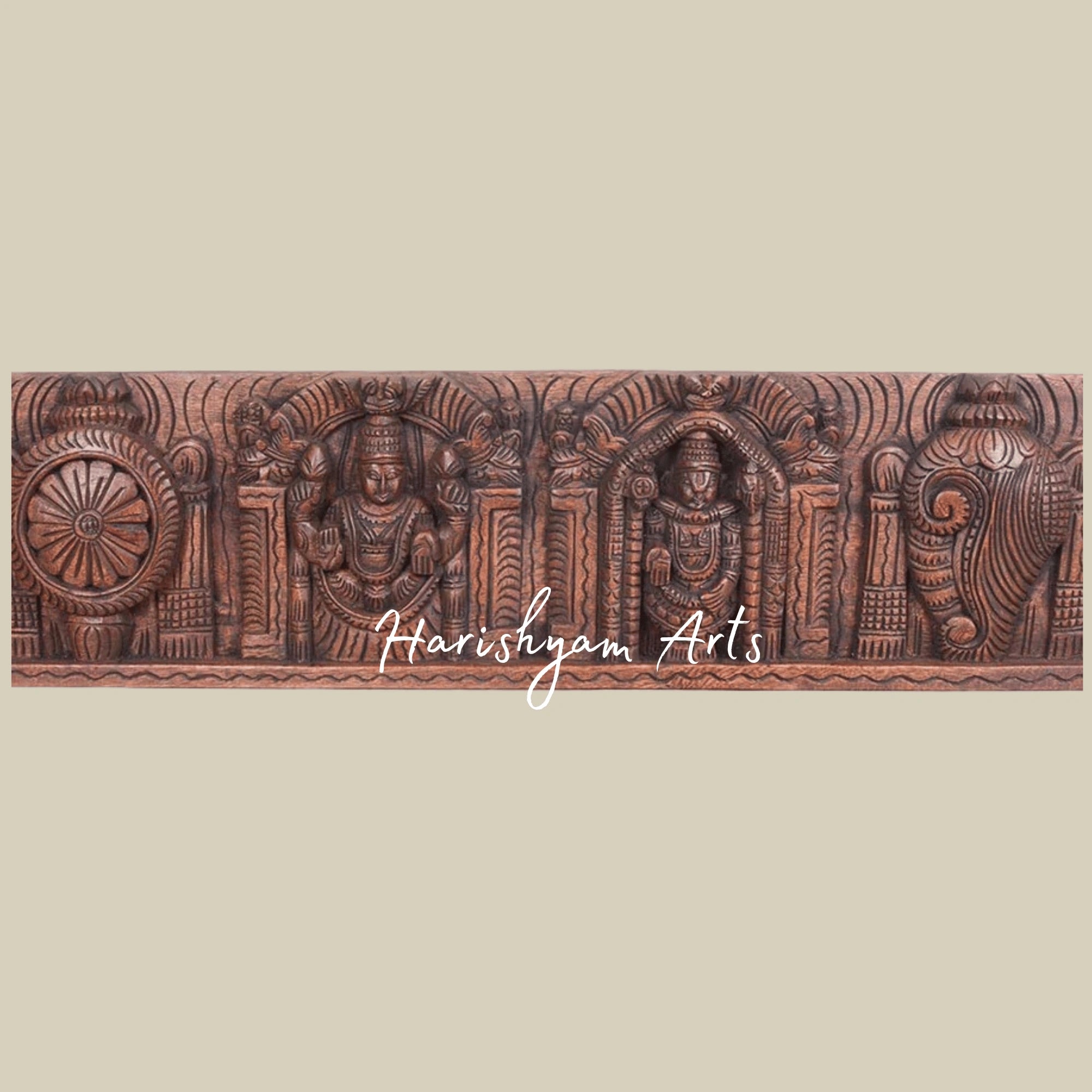 36" Divine Lord Balaji with Padmavathi Holding Conch & Chakra Wooden Wall Panel