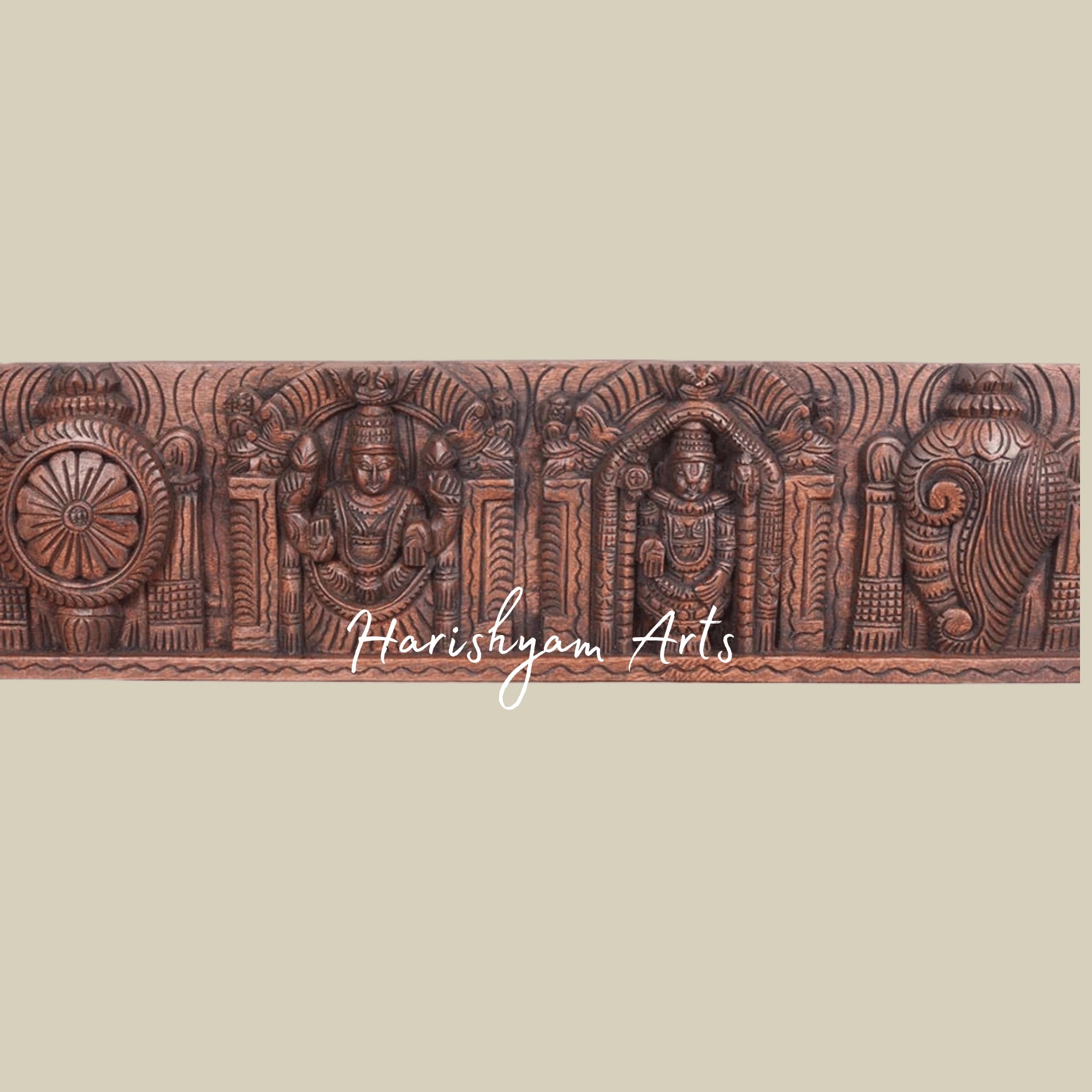 36" Divine Lord Balaji with Padmavathi Holding Conch & Chakra Wooden Wall Panel