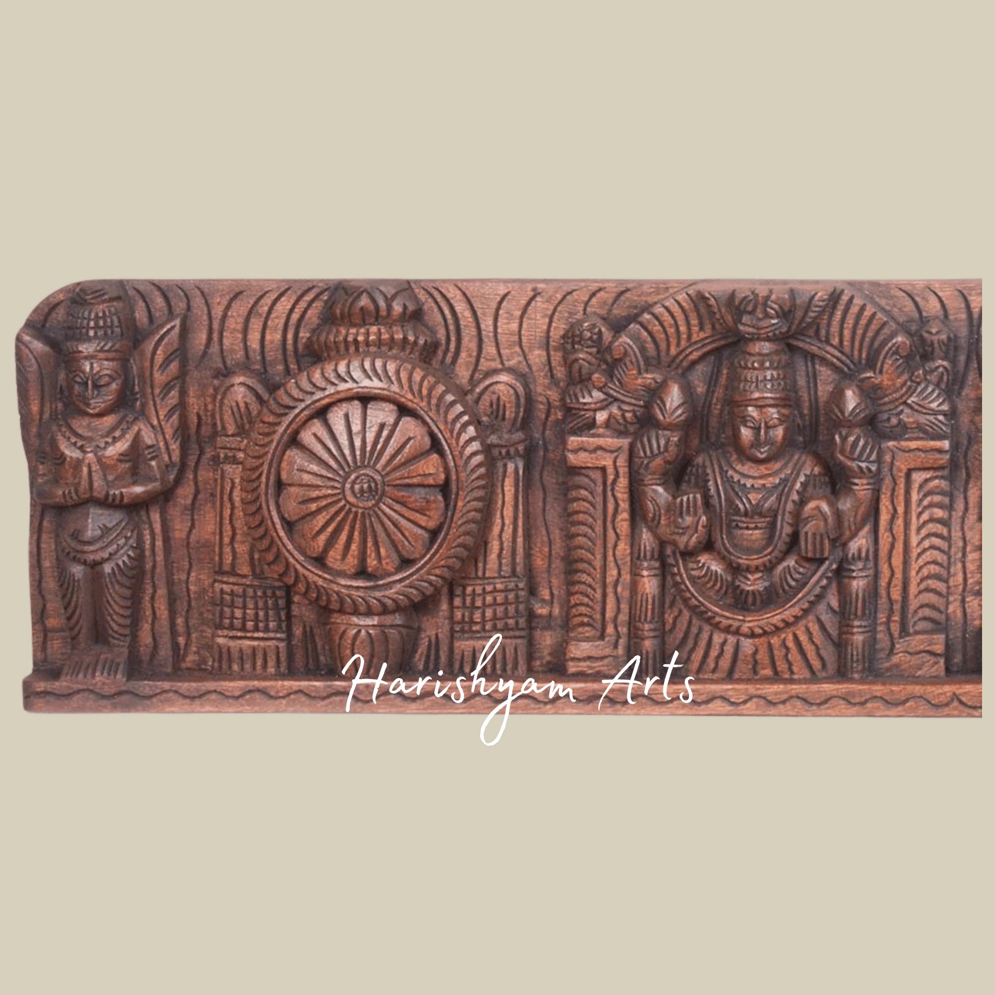 36" Divine Lord Balaji with Padmavathi Holding Conch & Chakra Wooden Wall Panel