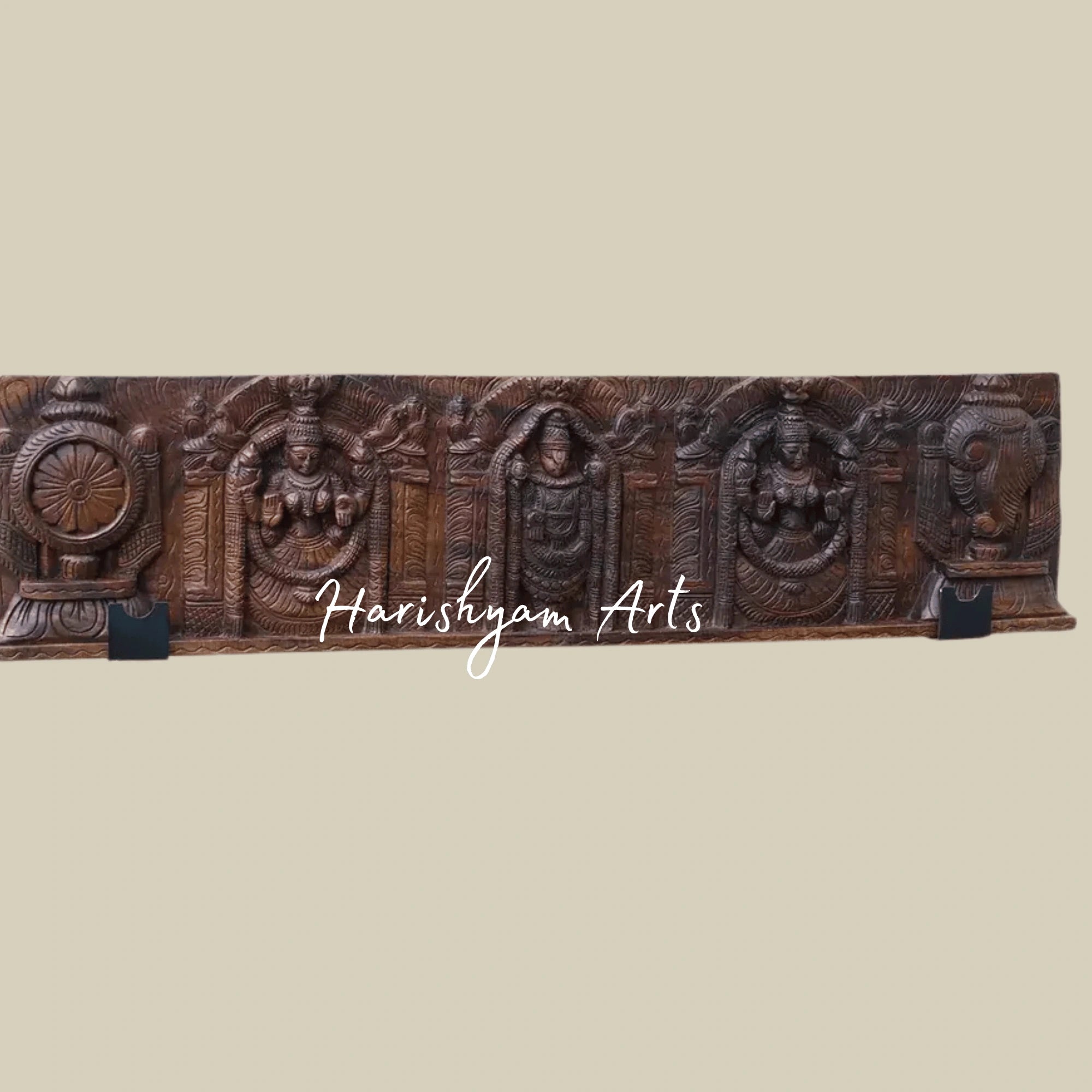 36" Divine Lord Balaji with Padmavathi Holding Conch & Chakra Wooden Wall Panel
