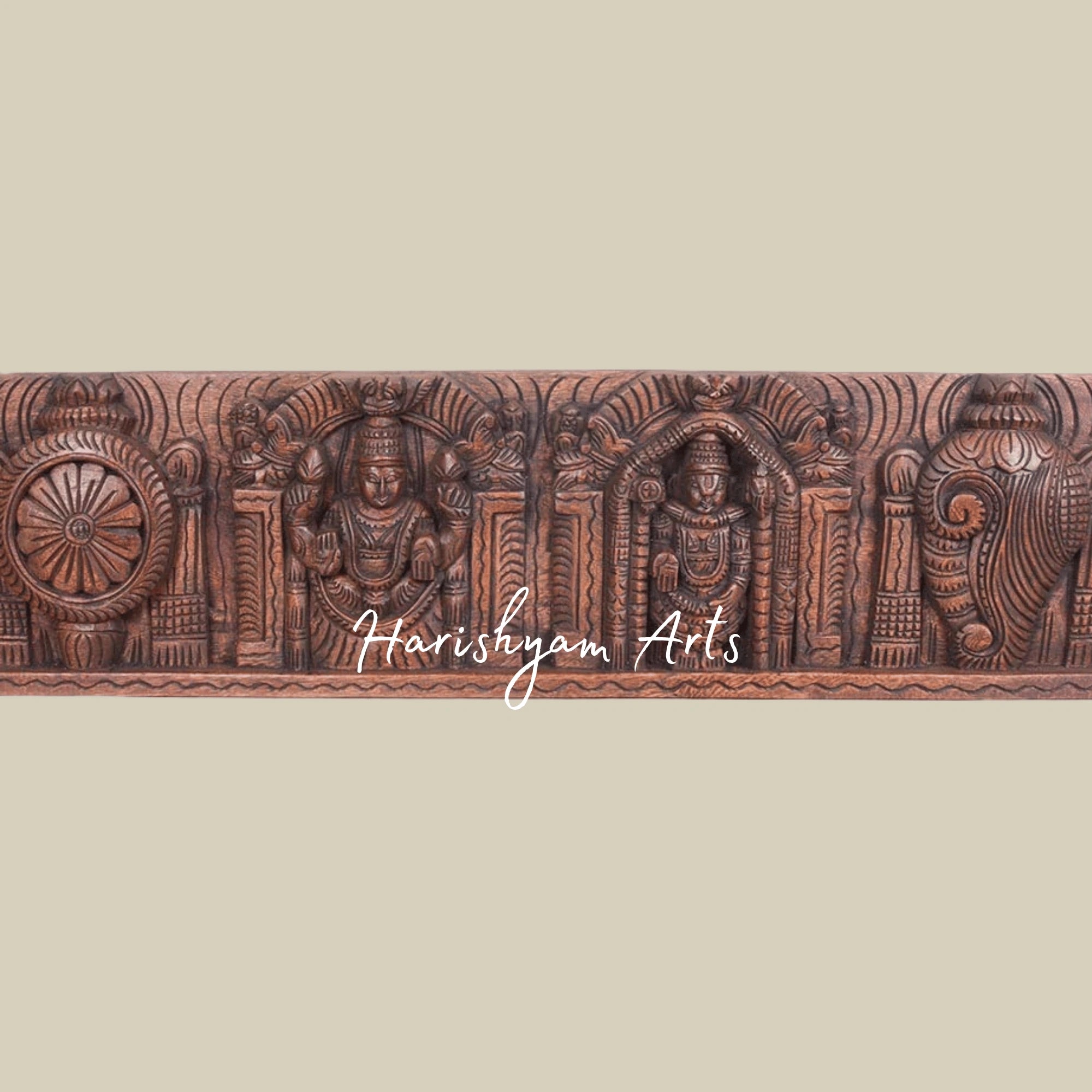 36" Divine Lord Balaji with Padmavathi Holding Conch & Chakra Wooden Wall Panel