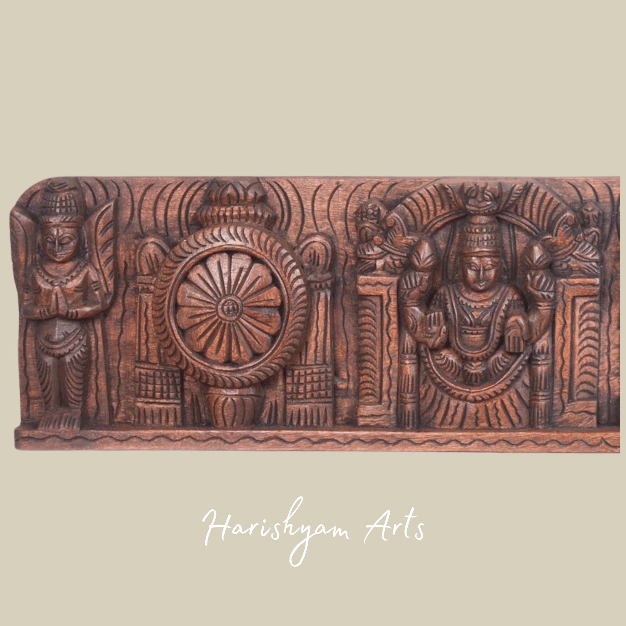 36" Divine Lord Balaji with Padmavathi Holding Conch & Chakra Wooden Wall Panel