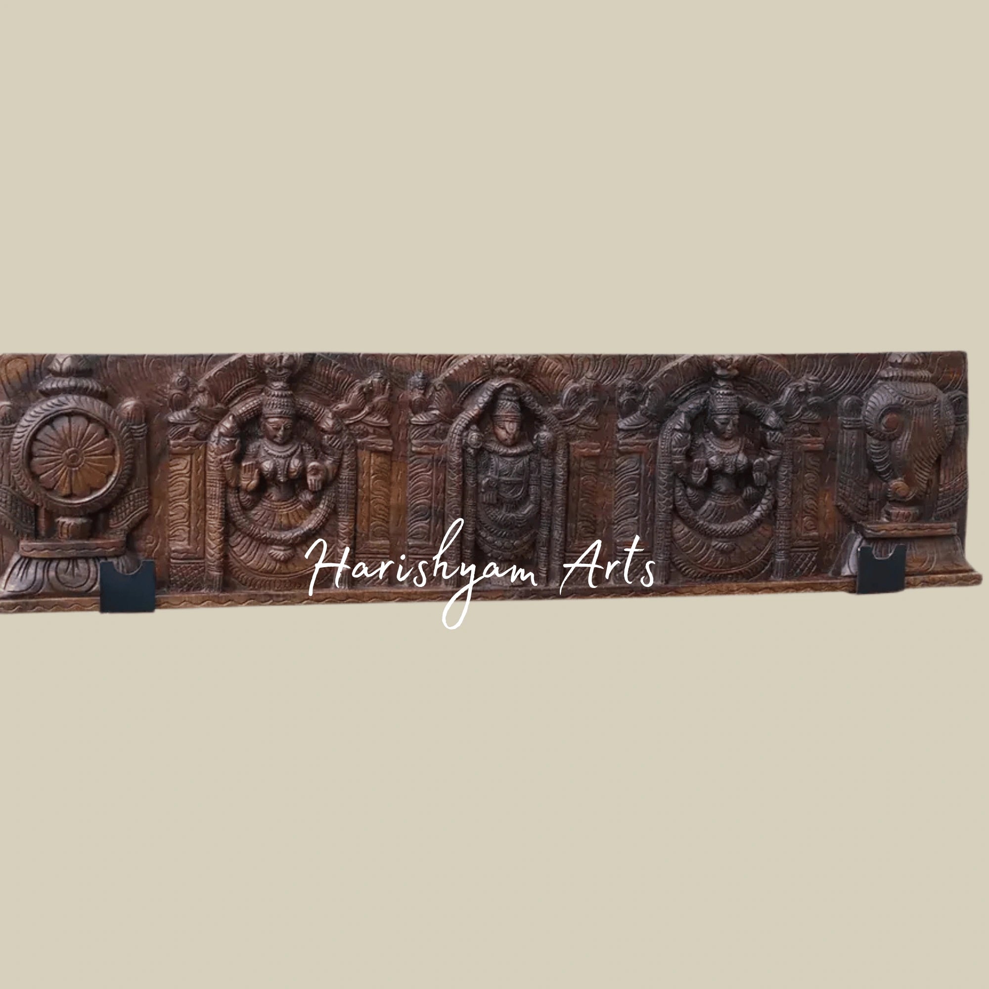 36" Divine Lord Balaji with Padmavathi Holding Conch & Chakra Wooden Wall Panel