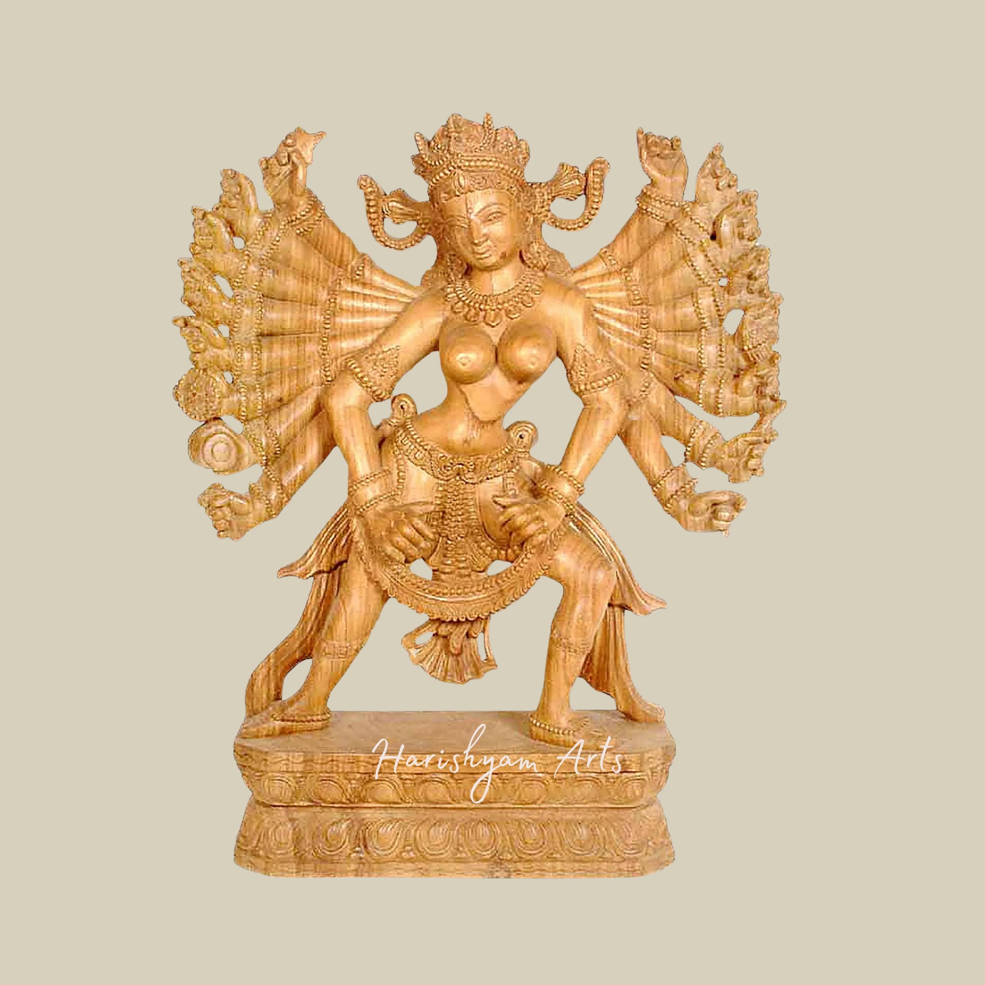 36" Eighteen-Armed Goddess Durga Wooden Sculpture Handcrafted Durga Idol in Wood