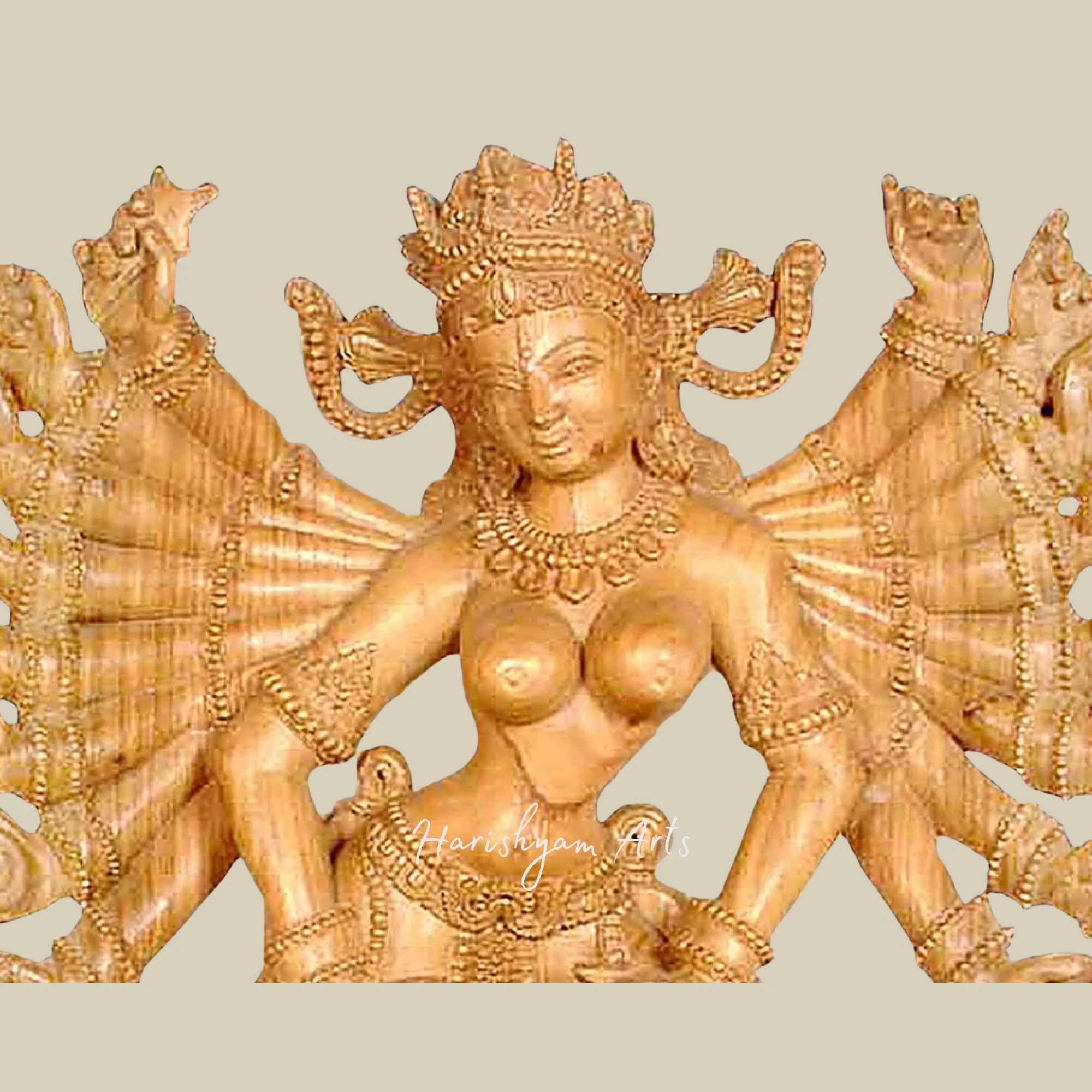 36" Eighteen-Armed Goddess Durga Wooden Sculpture Handcrafted Durga Idol in Wood1