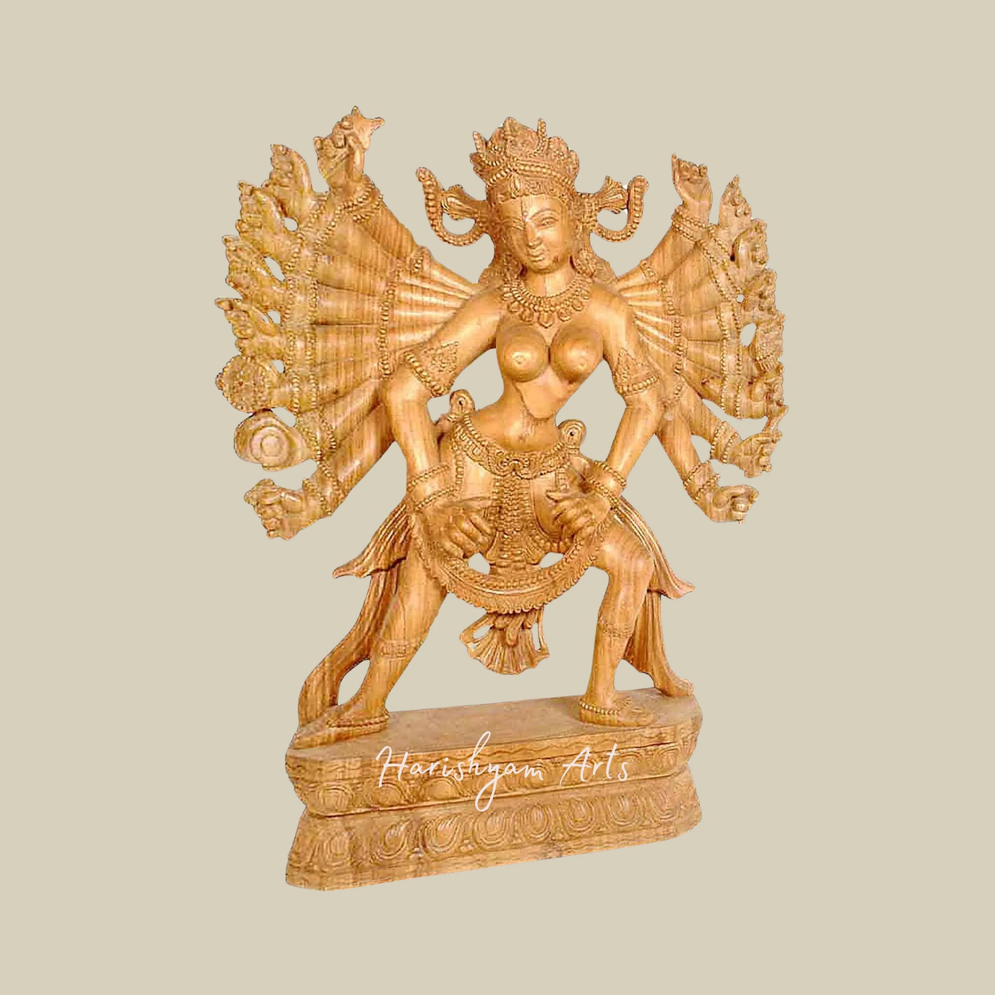 36" Eighteen-Armed Goddess Durga Wooden Sculpture Handcrafted Durga Idol in Wood4