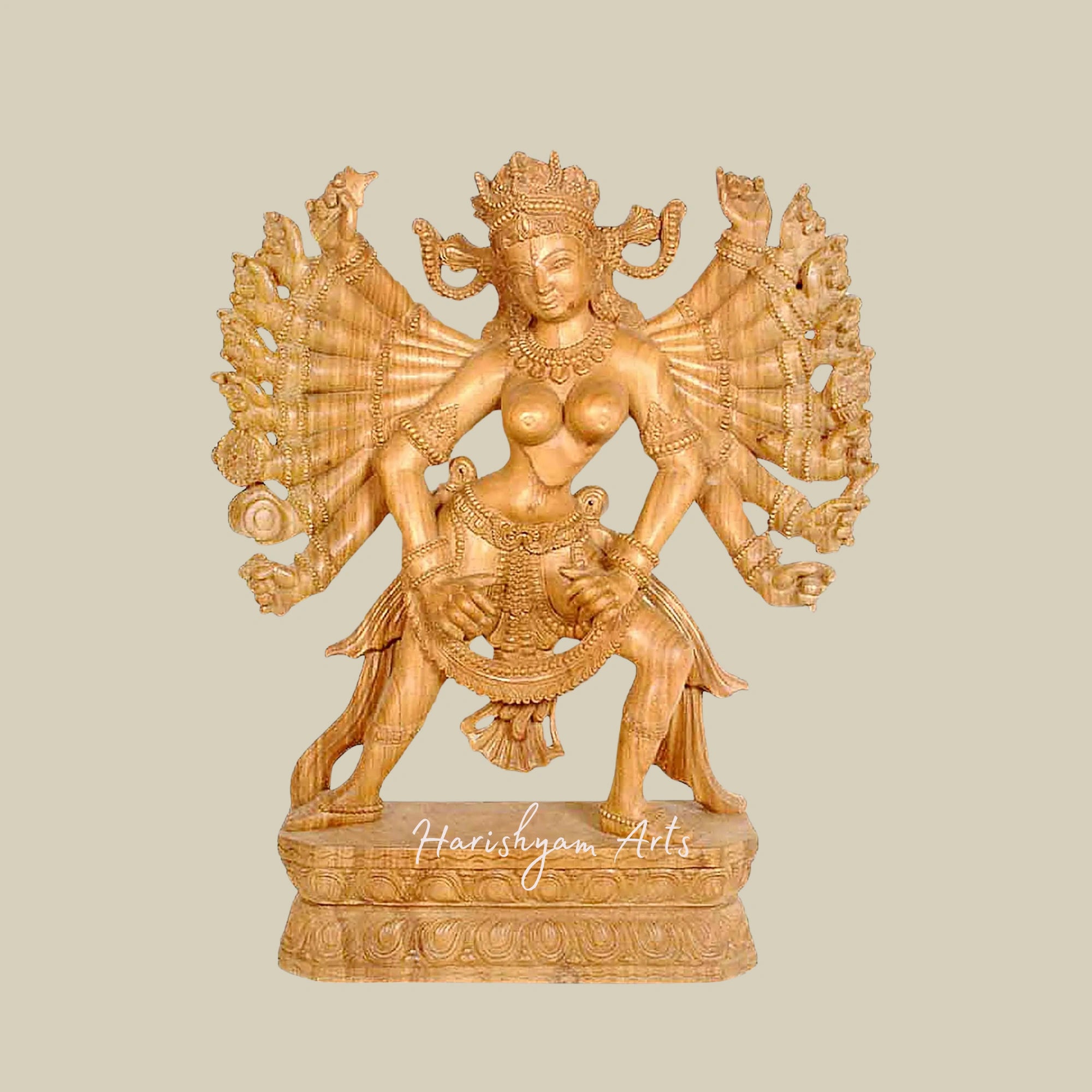 36" Eighteen-Armed Goddess Durga Wooden Sculpture Handcrafted Durga Idol in Wood6