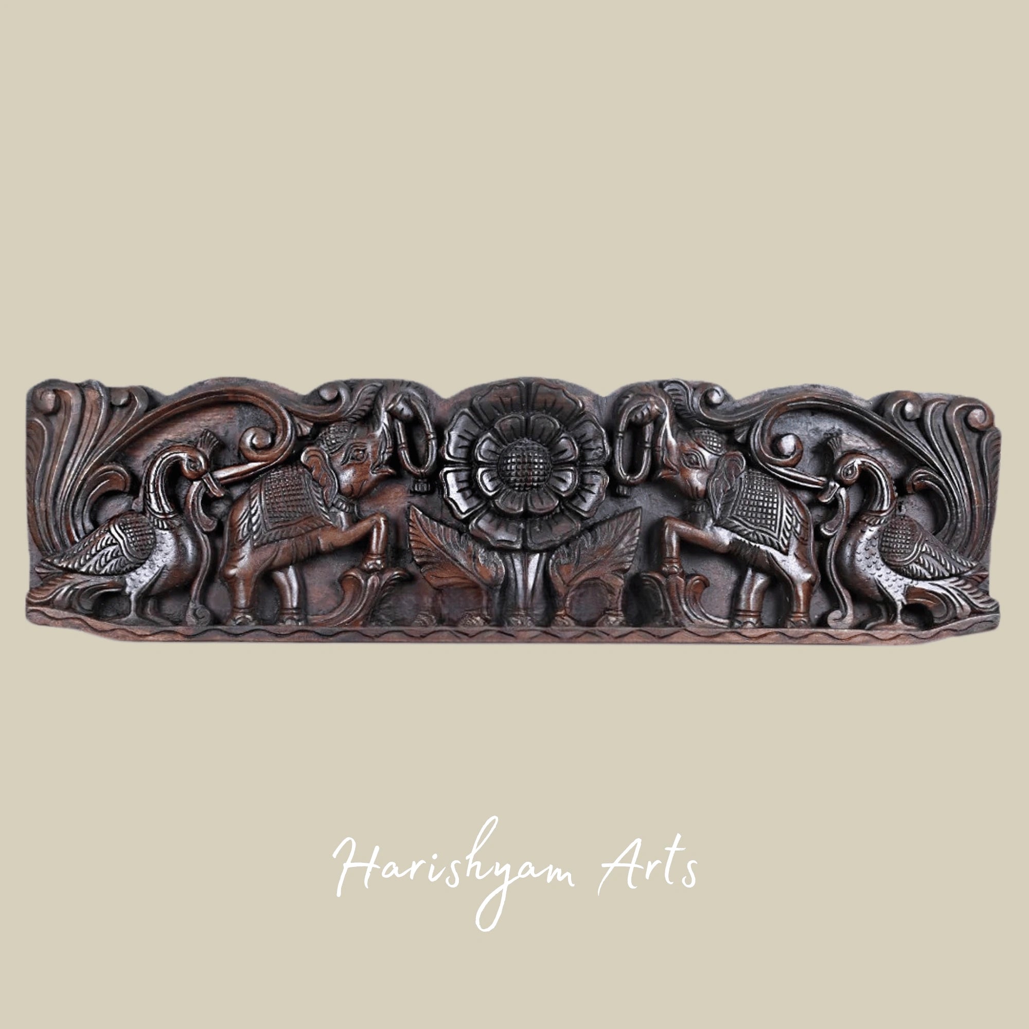 36" Elegant Floral Motif with Elephants & Hamsa Birds Carved Wooden Wall Art
