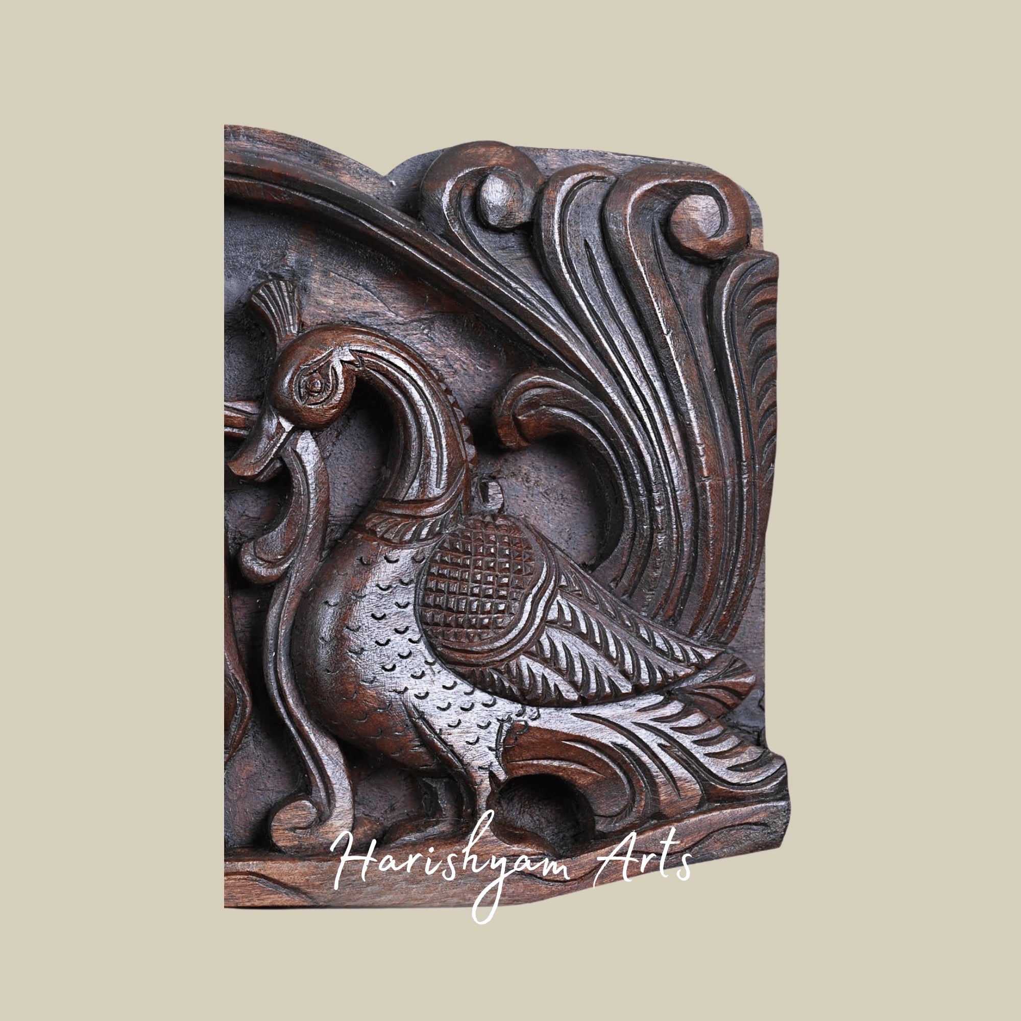 36" Elegant Floral Motif with Elephants & Hamsa Birds Carved Wooden Wall Art