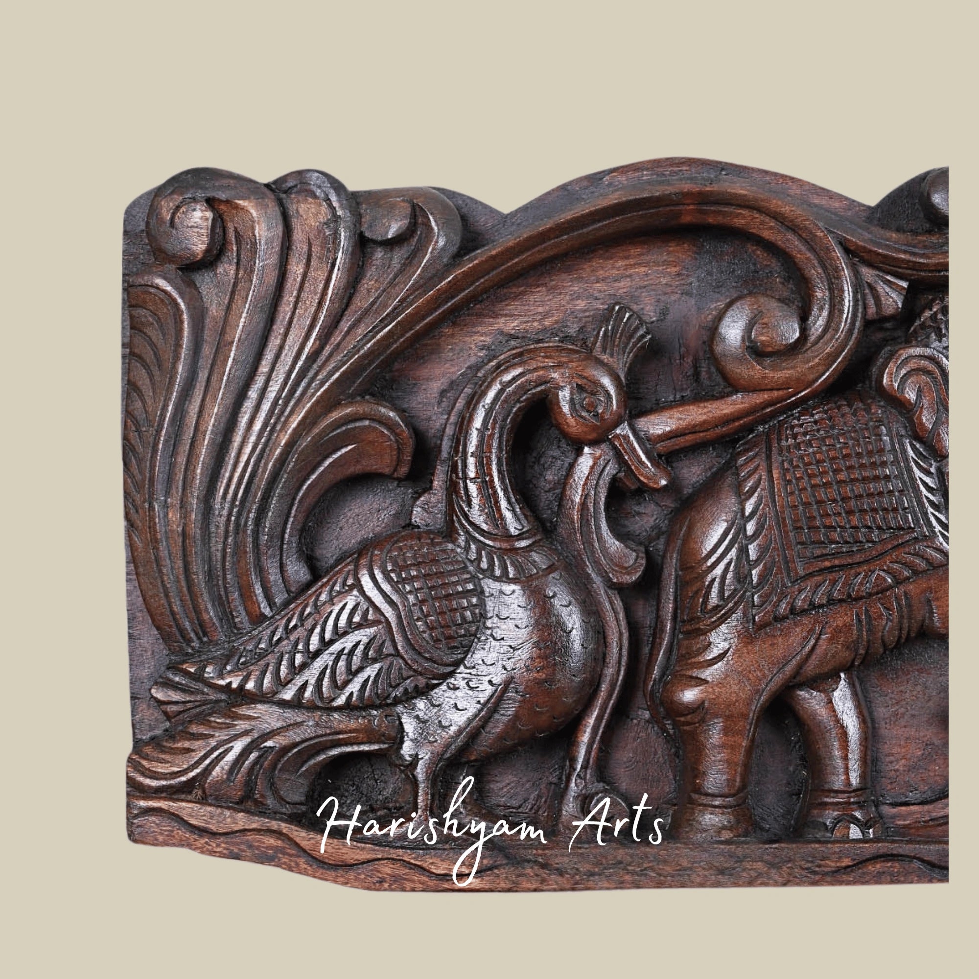 36" Elegant Floral Motif with Elephants & Hamsa Birds Carved Wooden Wall Art