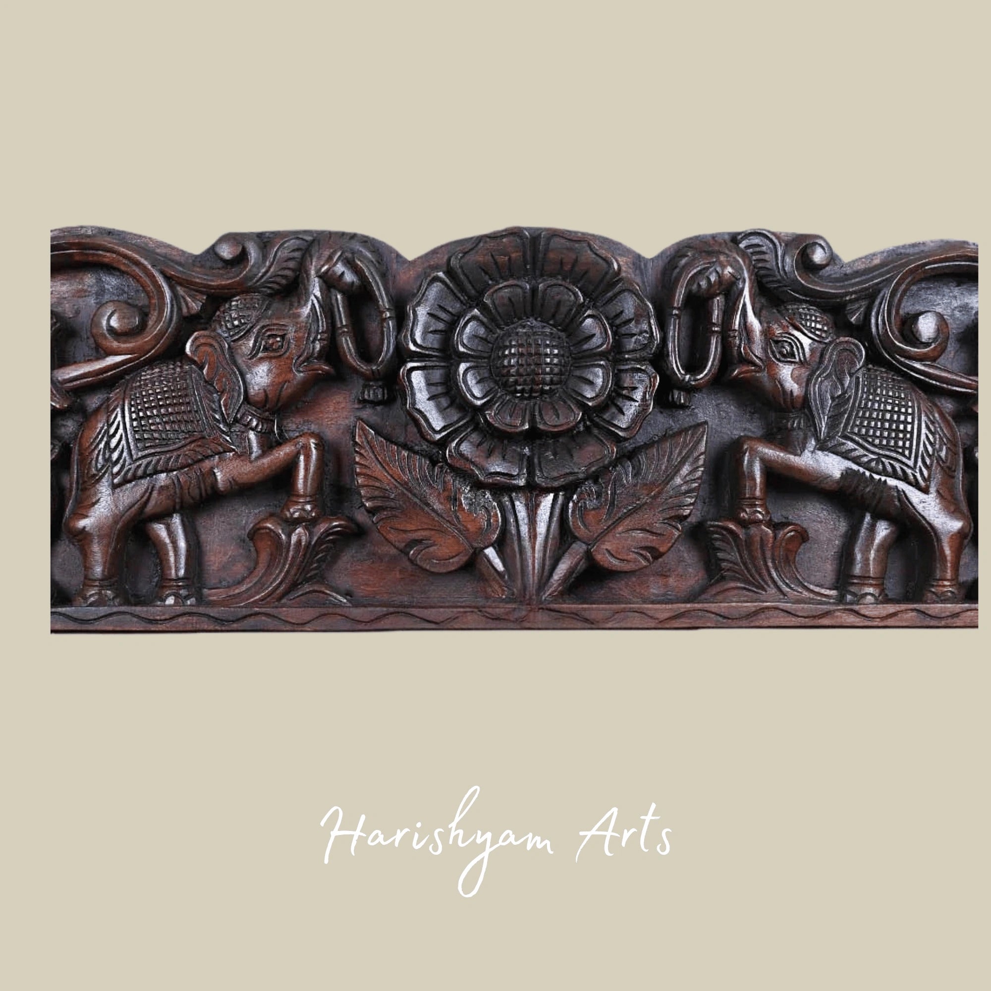 36" Elegant Floral Motif with Elephants & Hamsa Birds Carved Wooden Wall Art