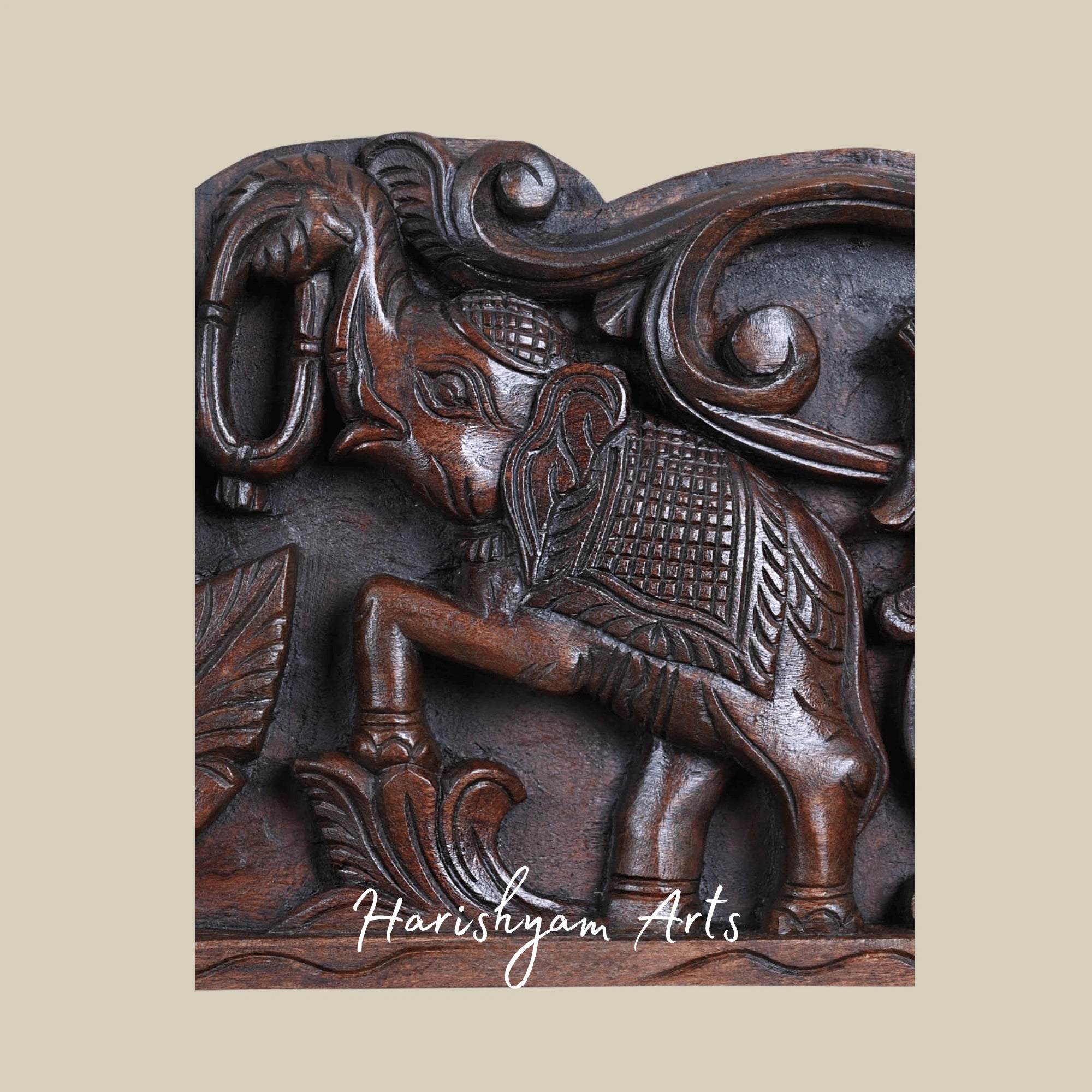 36" Elegant Floral Motif with Elephants & Hamsa Birds Carved Wooden Wall Art