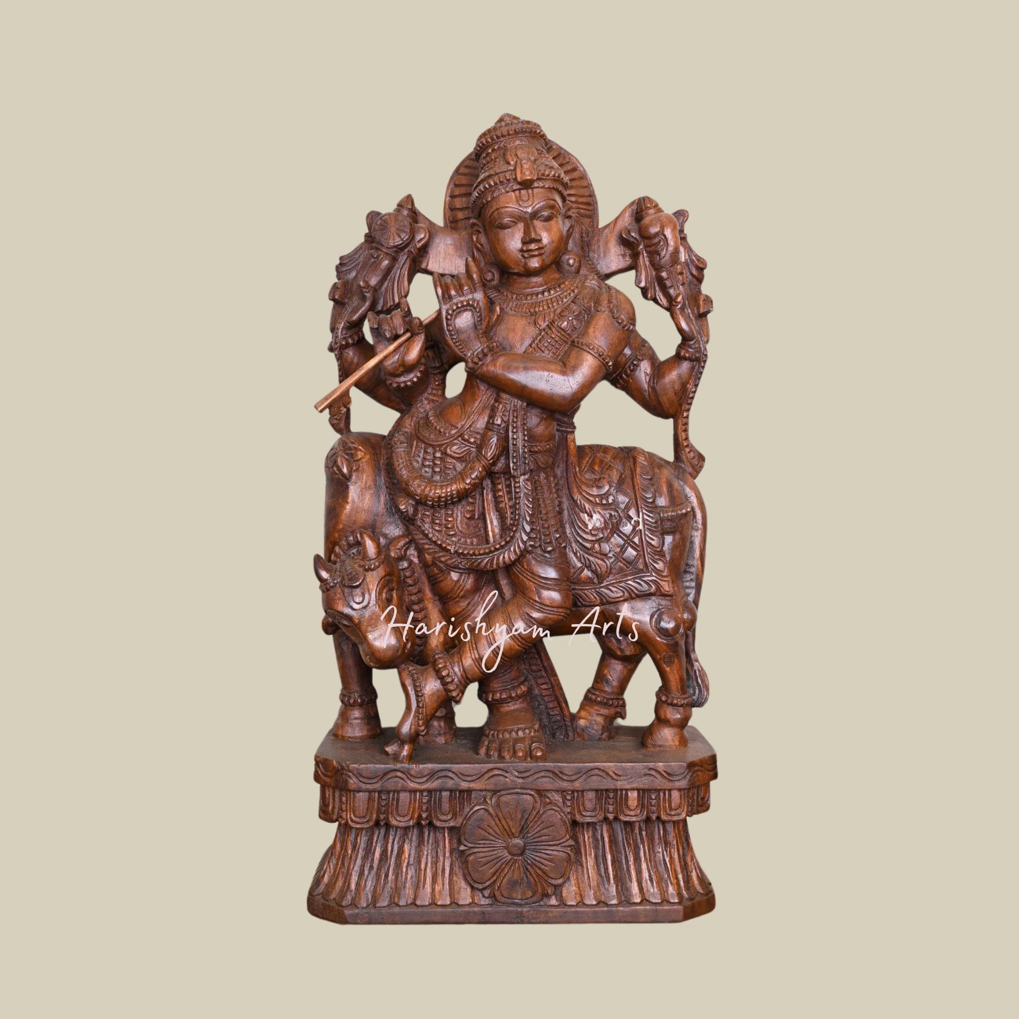 36" Exquisite Krishna Statue Craftsmanship in Wood