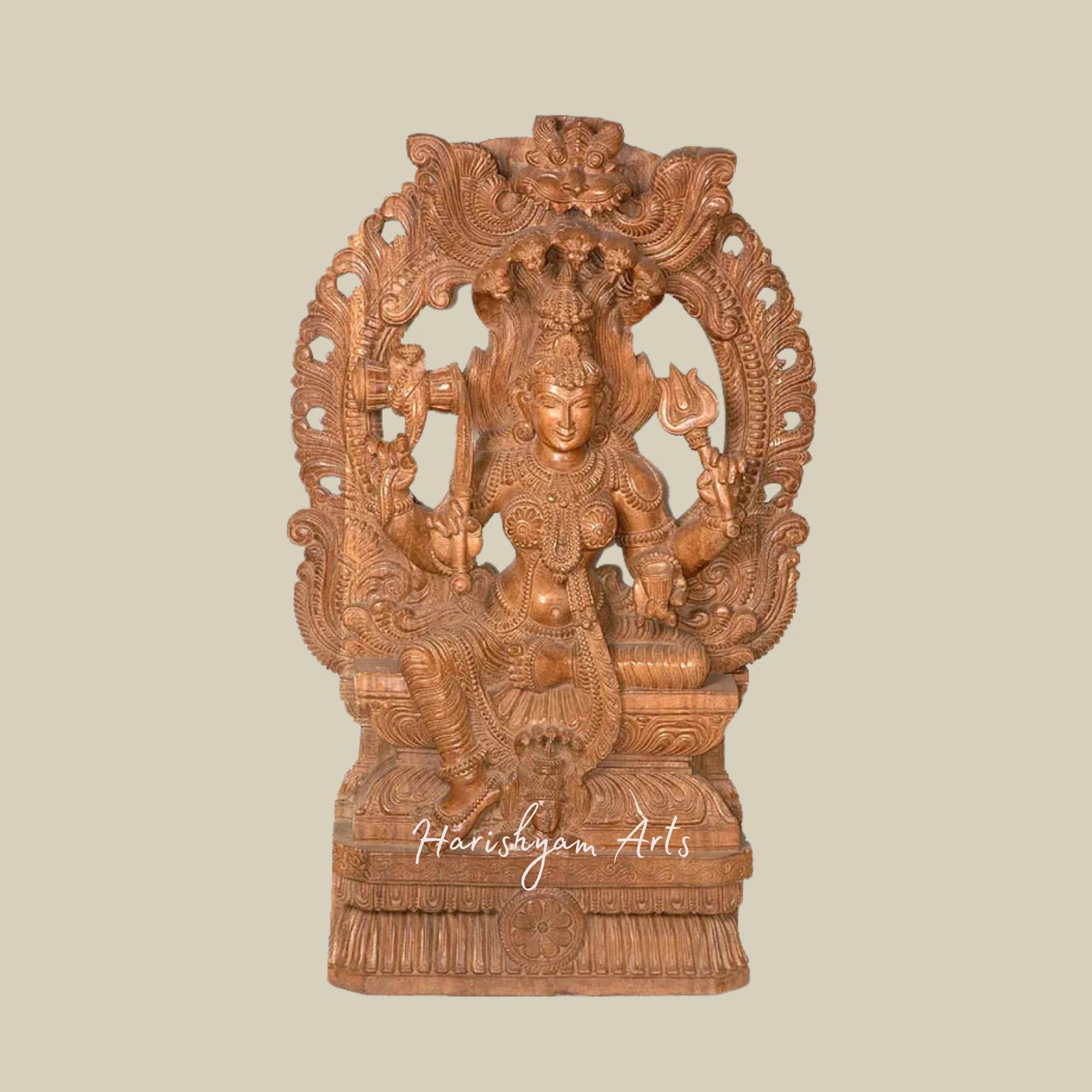 36" Goddess Durga Wooden Sculpture Elegant Wooden Durga Murti for Home Decor