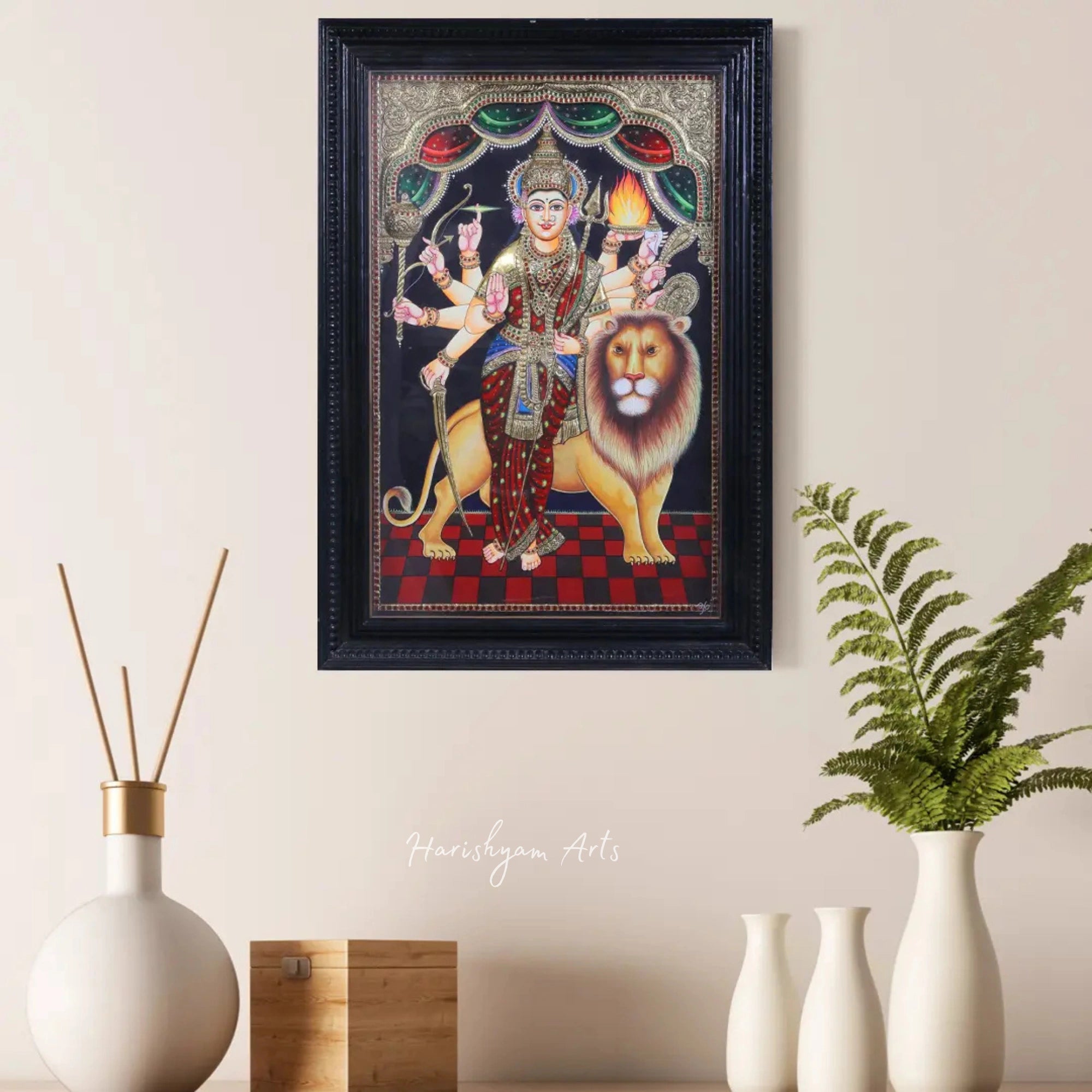 36" Goddess Durga with Lion Tanjore Painting in Teakwood Frame