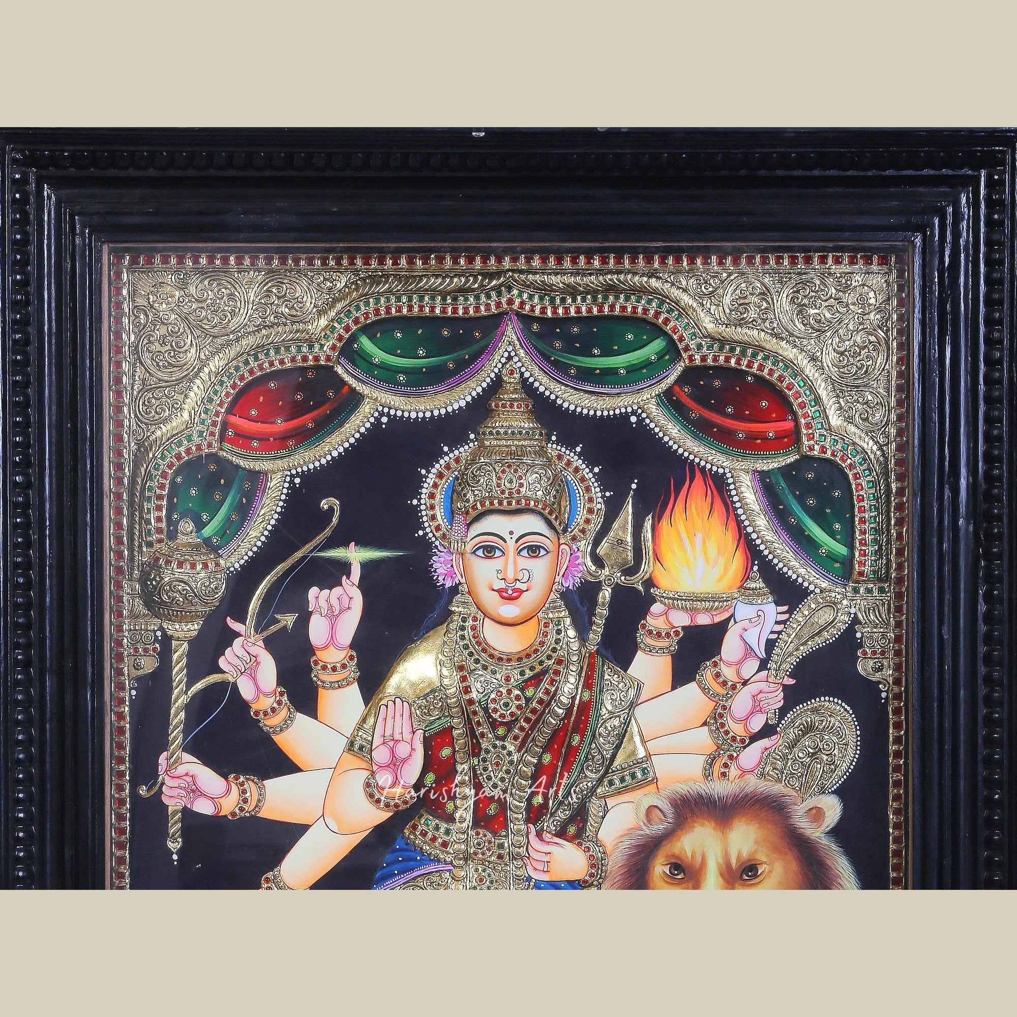 36" Goddess Durga with Lion Tanjore Painting in Teakwood Frame