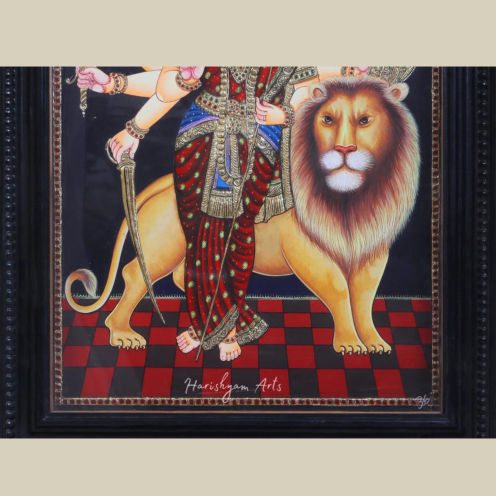 36" Goddess Durga with Lion Tanjore Painting in Teakwood Frame