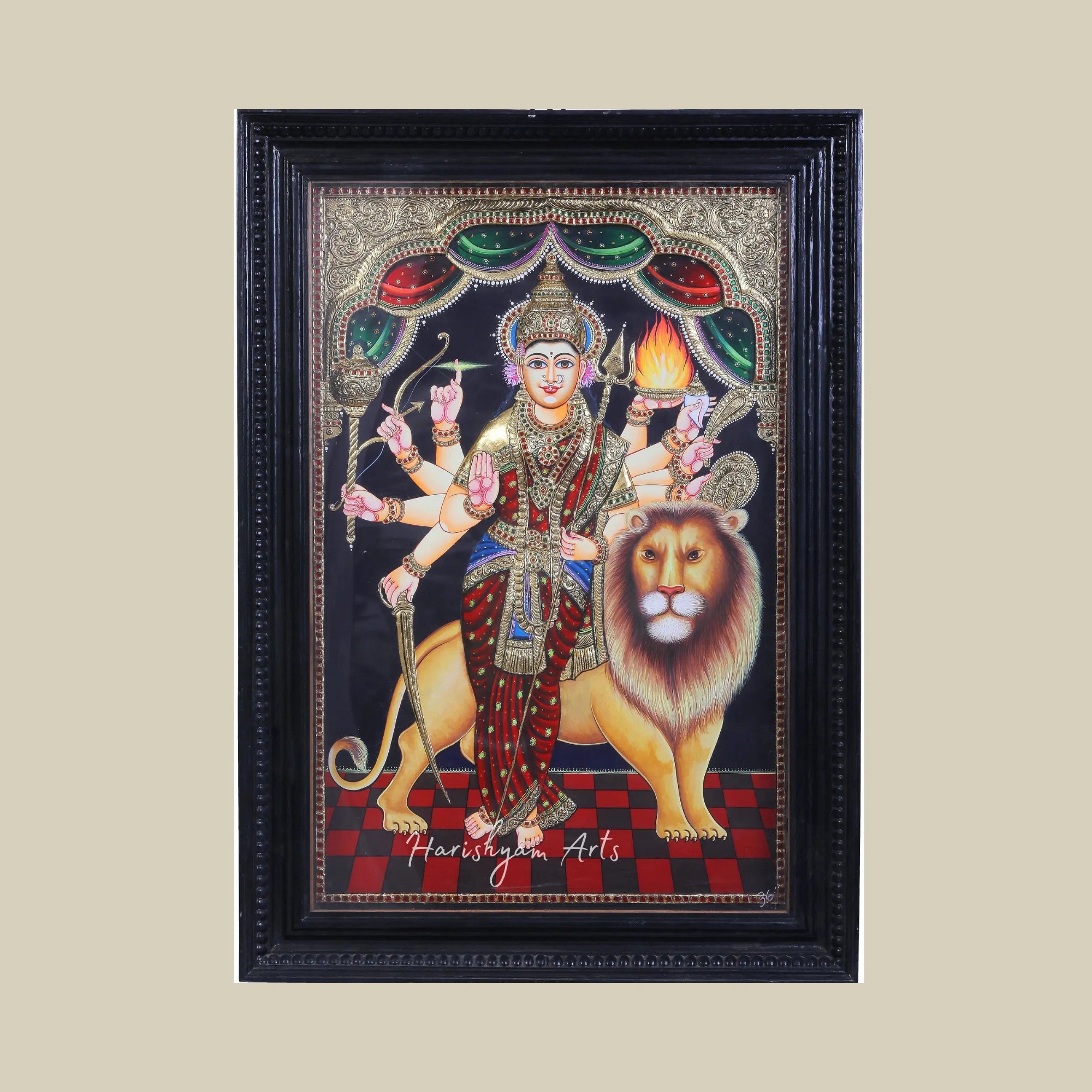 36" Goddess Durga with Lion Tanjore Painting in Teakwood Frame