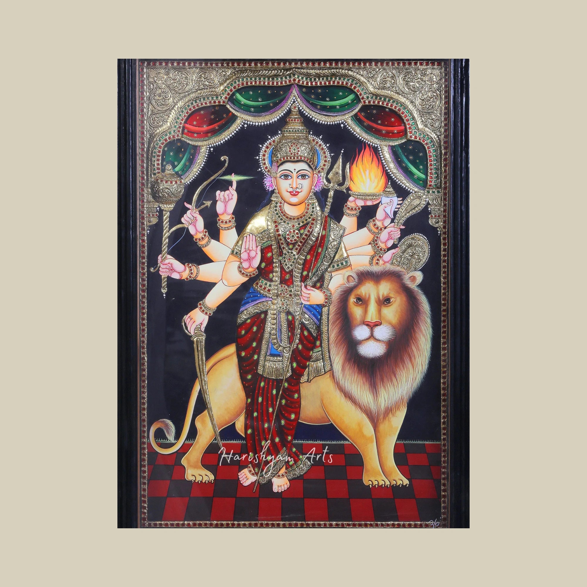 36" Goddess Durga with Lion Tanjore Painting in Teakwood Frame