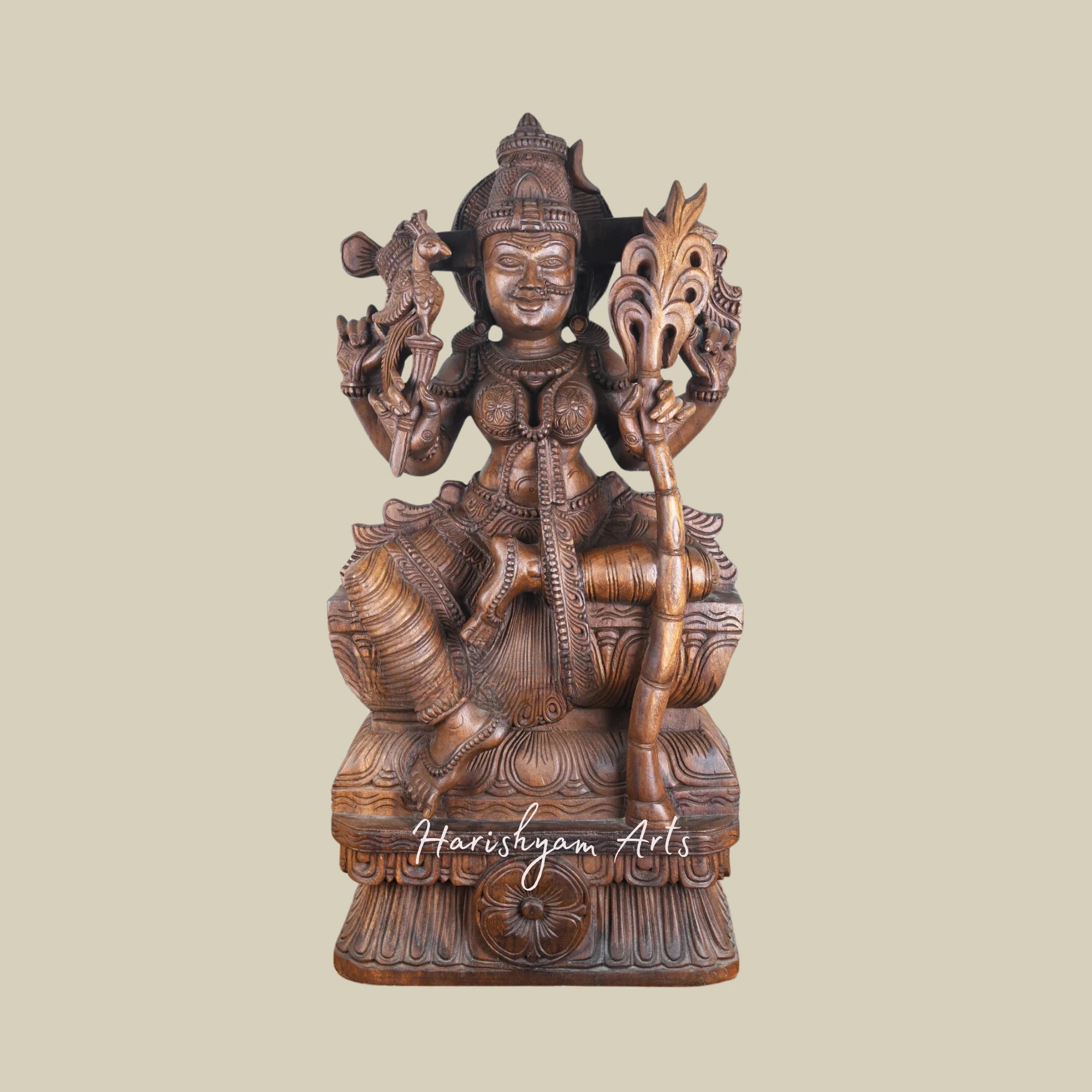 36" Goddess Kamatchi Wooden Sculpture Holding Sugarcane Decorative Wooden Statue for Pooja Room