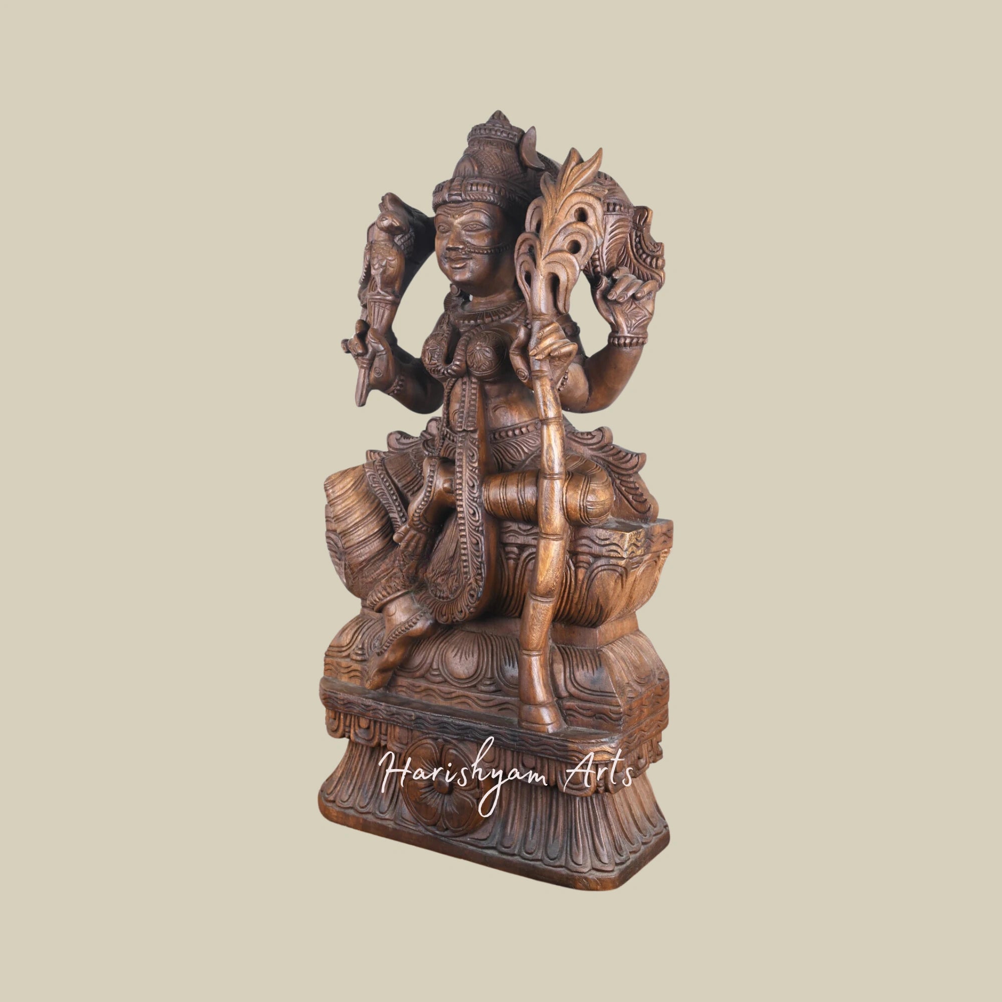 36" Goddess Kamatchi Wooden Sculpture Holding Sugarcane Decorative Wooden Statue for Pooja Room1