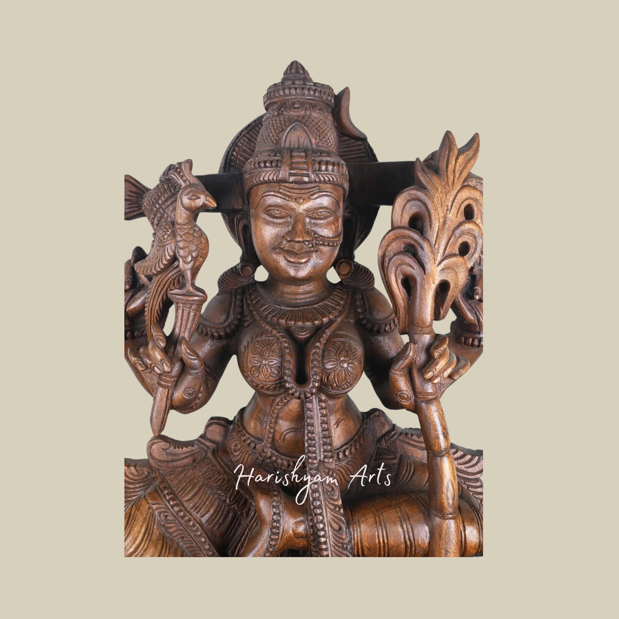 36" Goddess Kamatchi Wooden Sculpture Holding Sugarcane Decorative Wooden Statue for Pooja Room2