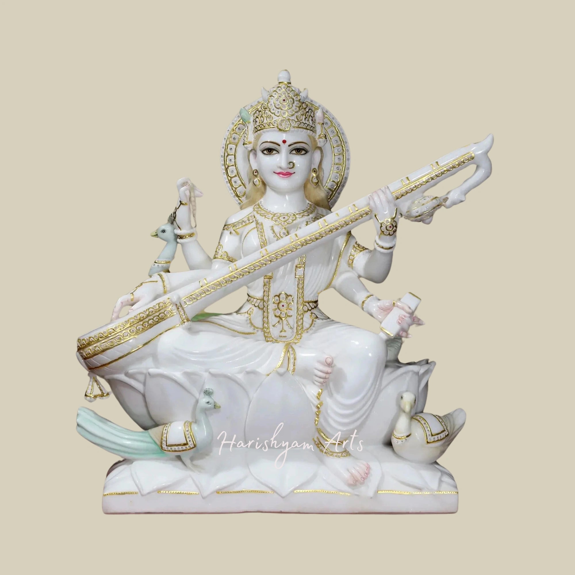 36" Goddess Saraswati Statue with Peacock and Birds Exquisite Marble Artwork