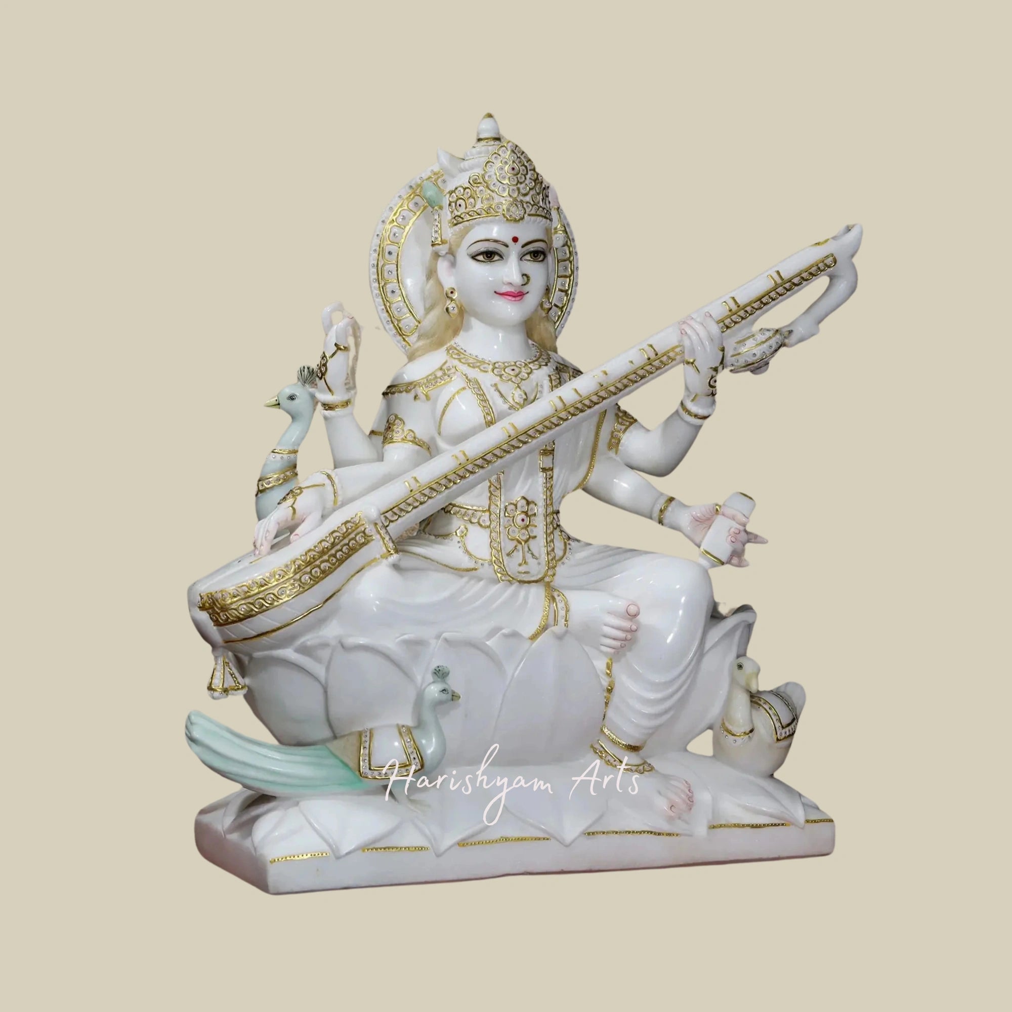 36" Goddess Saraswati Statue with Peacock and Birds Exquisite Marble Artwork1