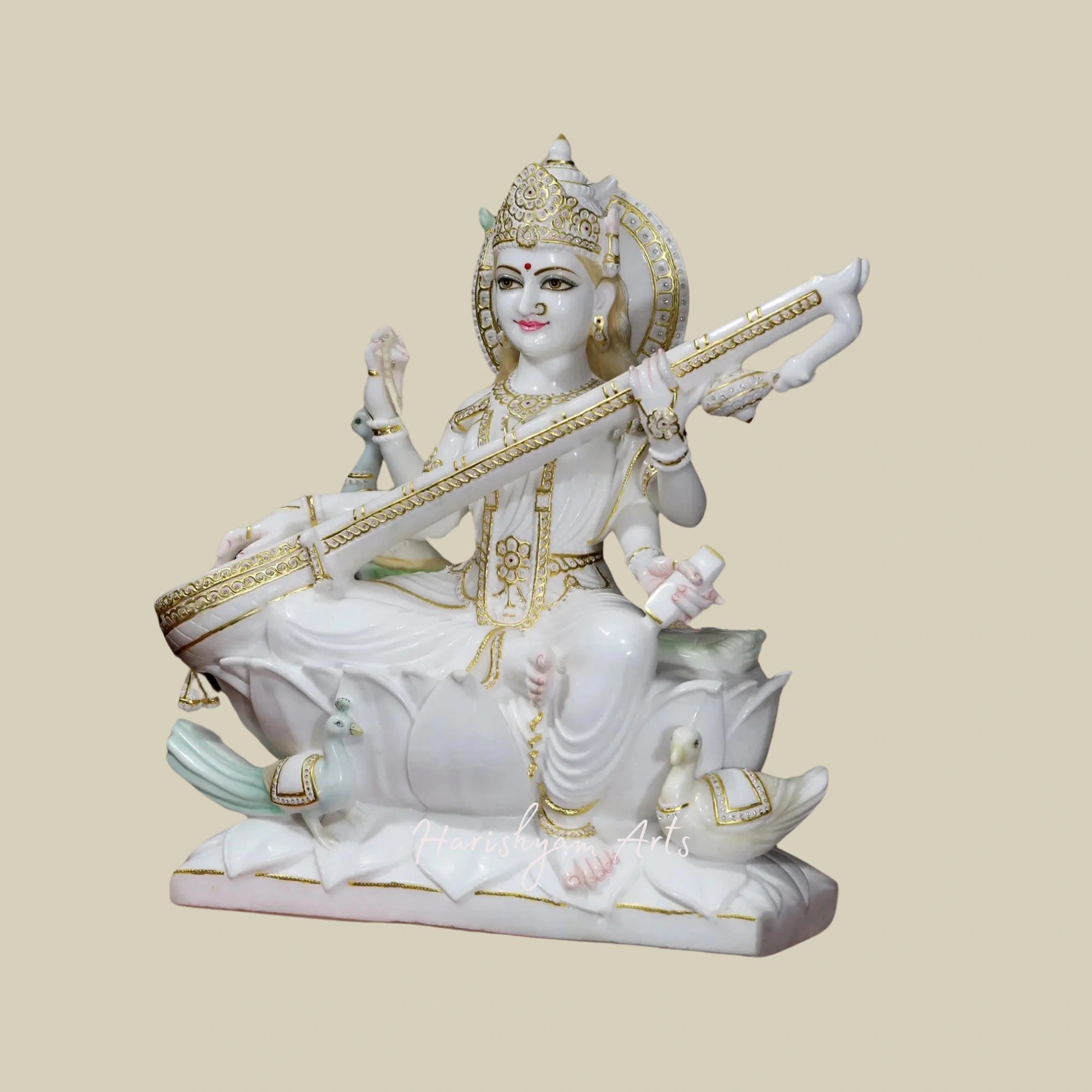 36" Goddess Saraswati Statue with Peacock and Birds Exquisite Marble Artwork2