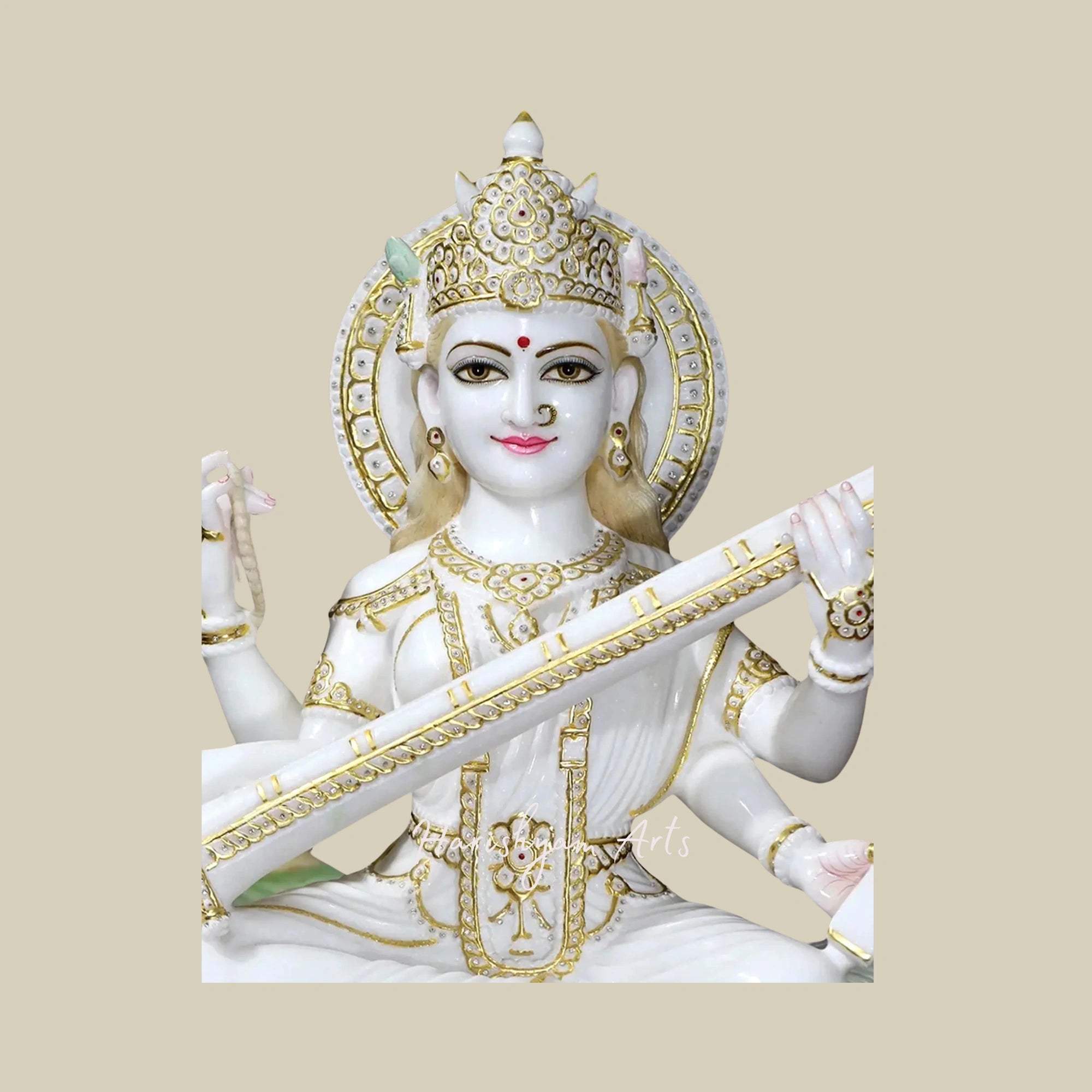 36" Goddess Saraswati Statue with Peacock and Birds Exquisite Marble Artwork3