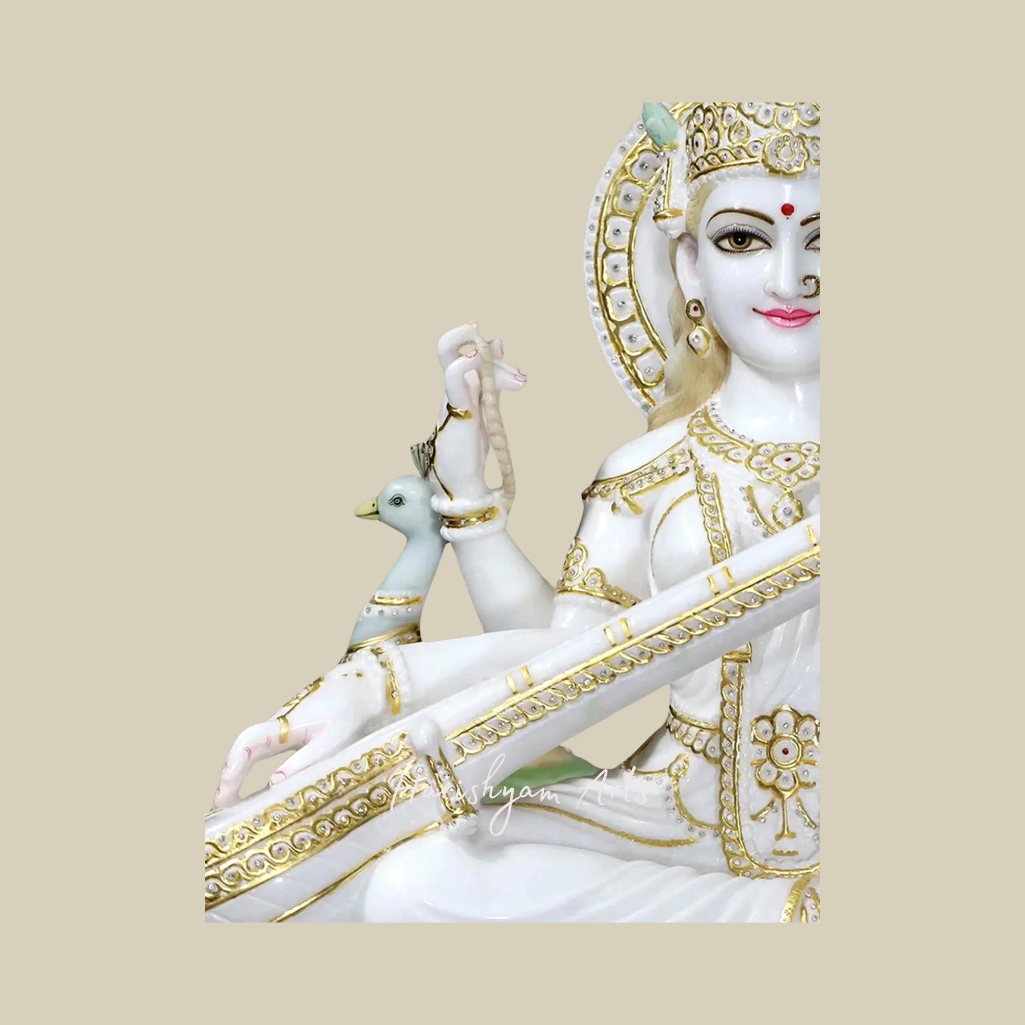 36" Goddess Saraswati Statue with Peacock and Birds Exquisite Marble Artwork5