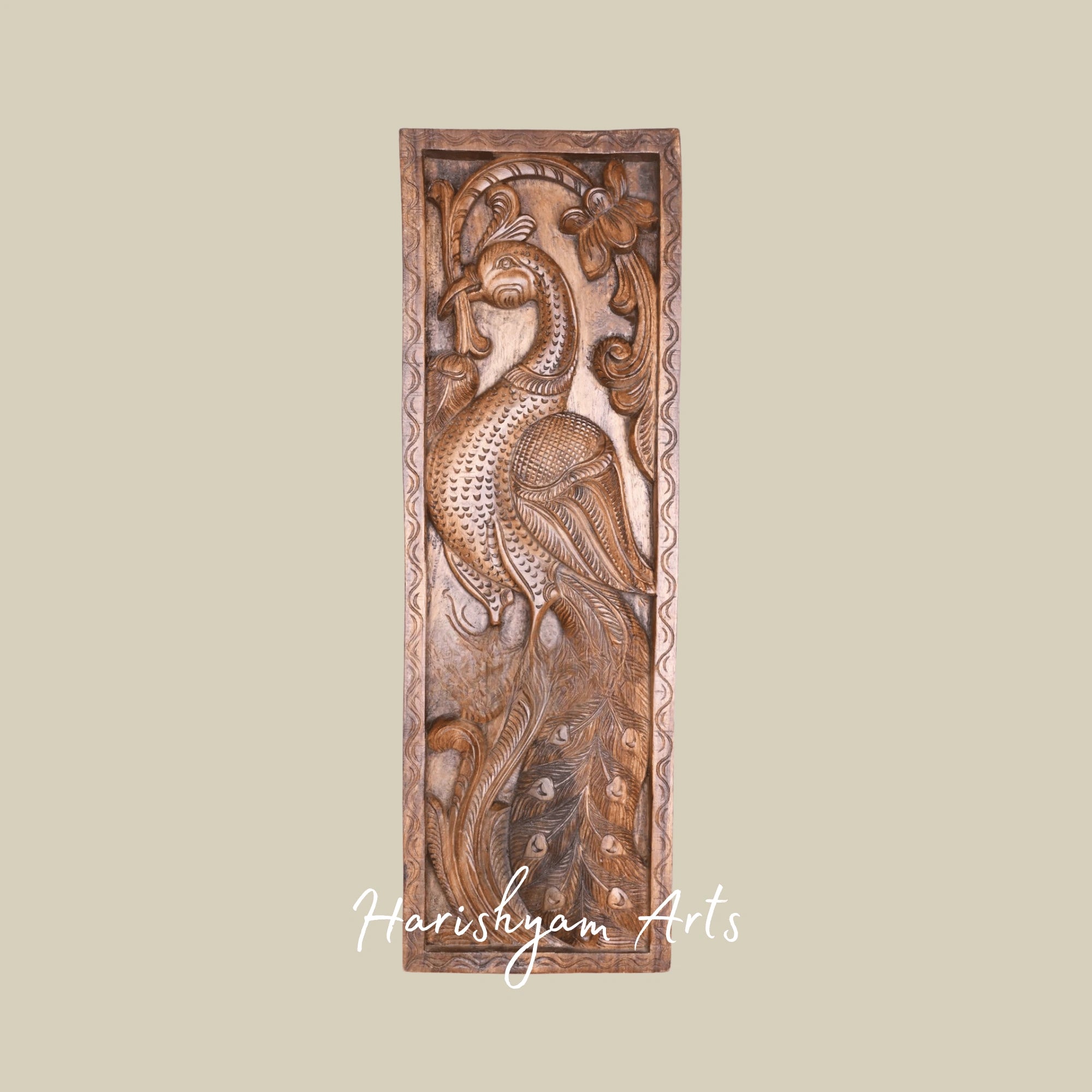 36" Graceful Peacock on Floral Tree – Vertical Wooden Wall Hanging for Entrance or Hall Décor