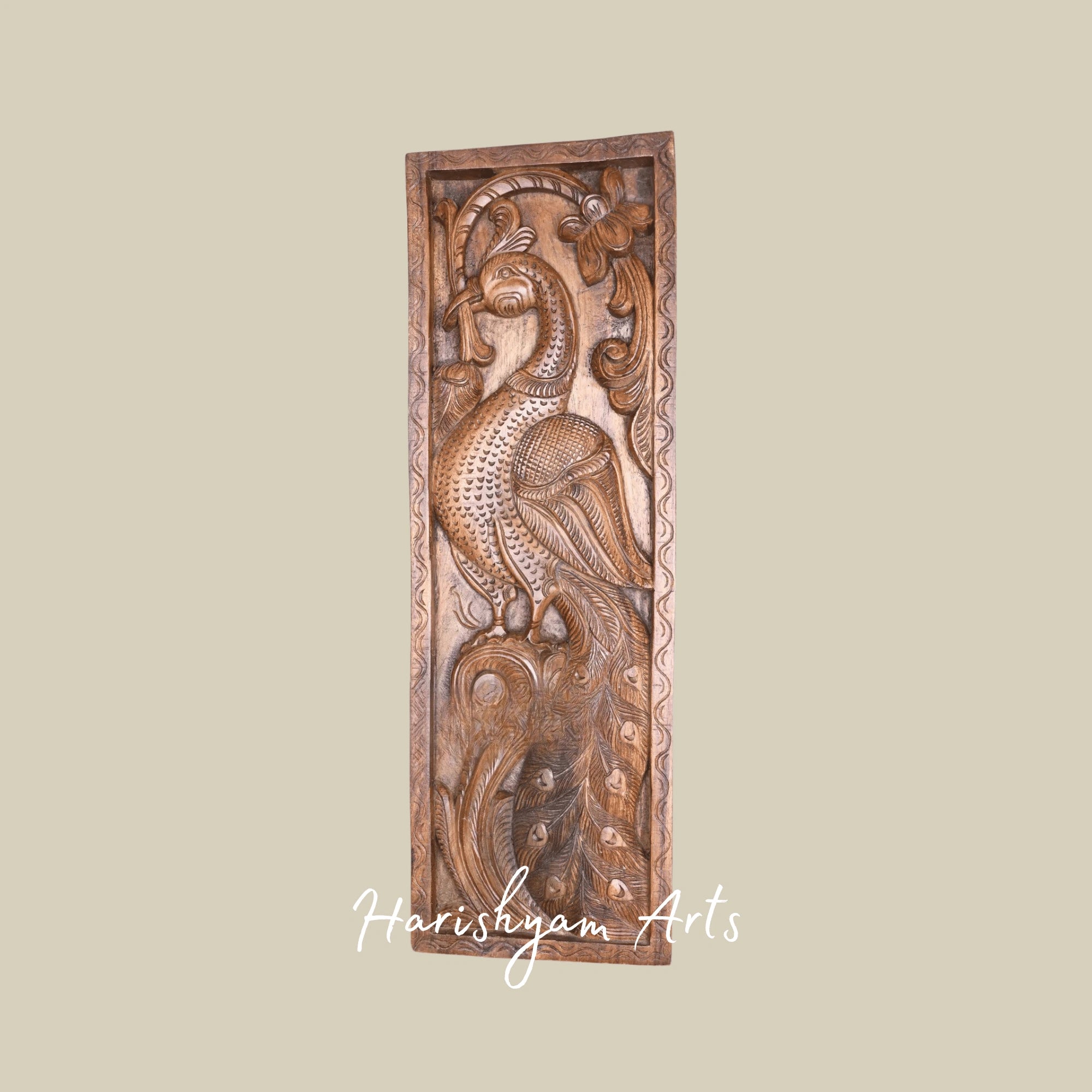 36" Graceful Peacock on Floral Tree – Vertical Wooden Wall Hanging for Entrance or Hall Décor