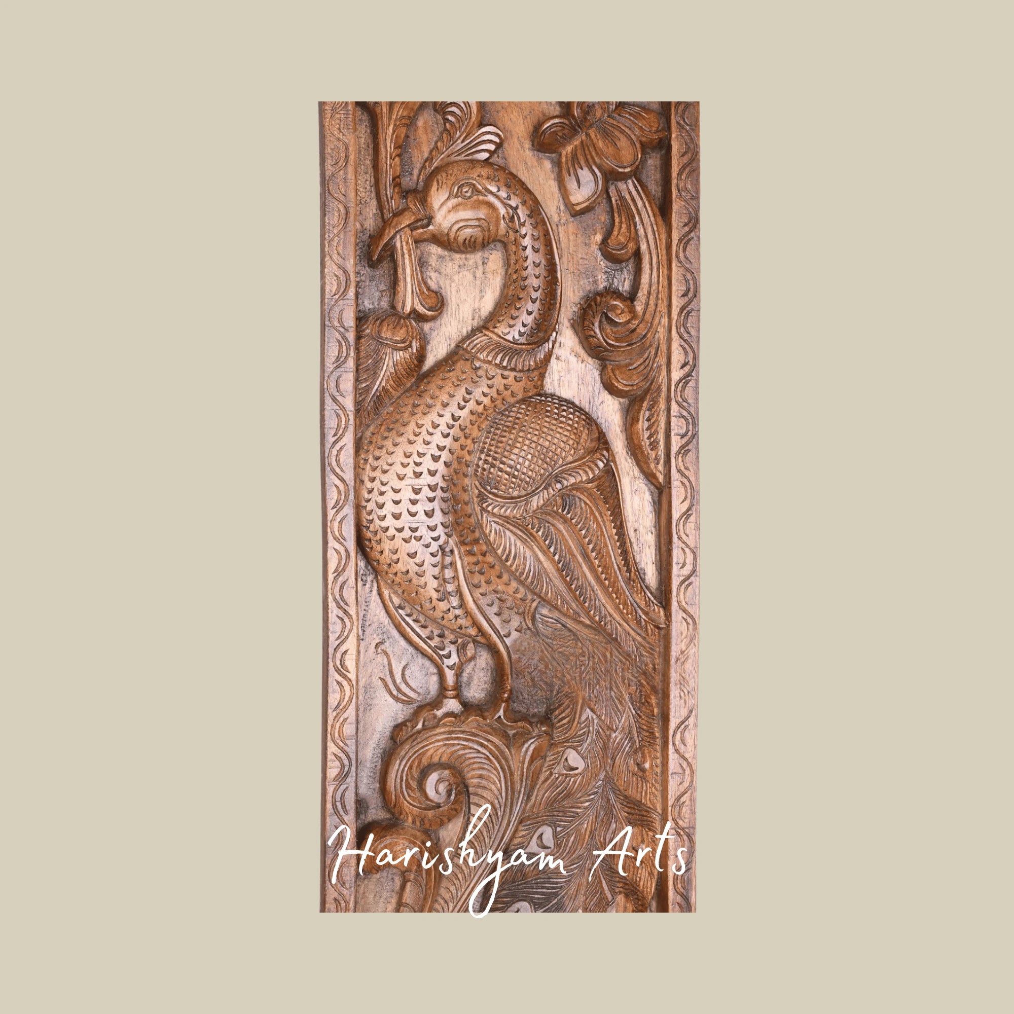 36" Graceful Peacock on Floral Tree – Vertical Wooden Wall Hanging for Entrance or Hall Décor