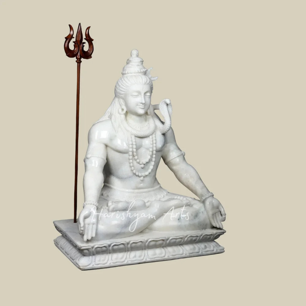 36" Hand Carved White Marble Shiva Murti with Crescent Moon and Serpent for Hindu Worship