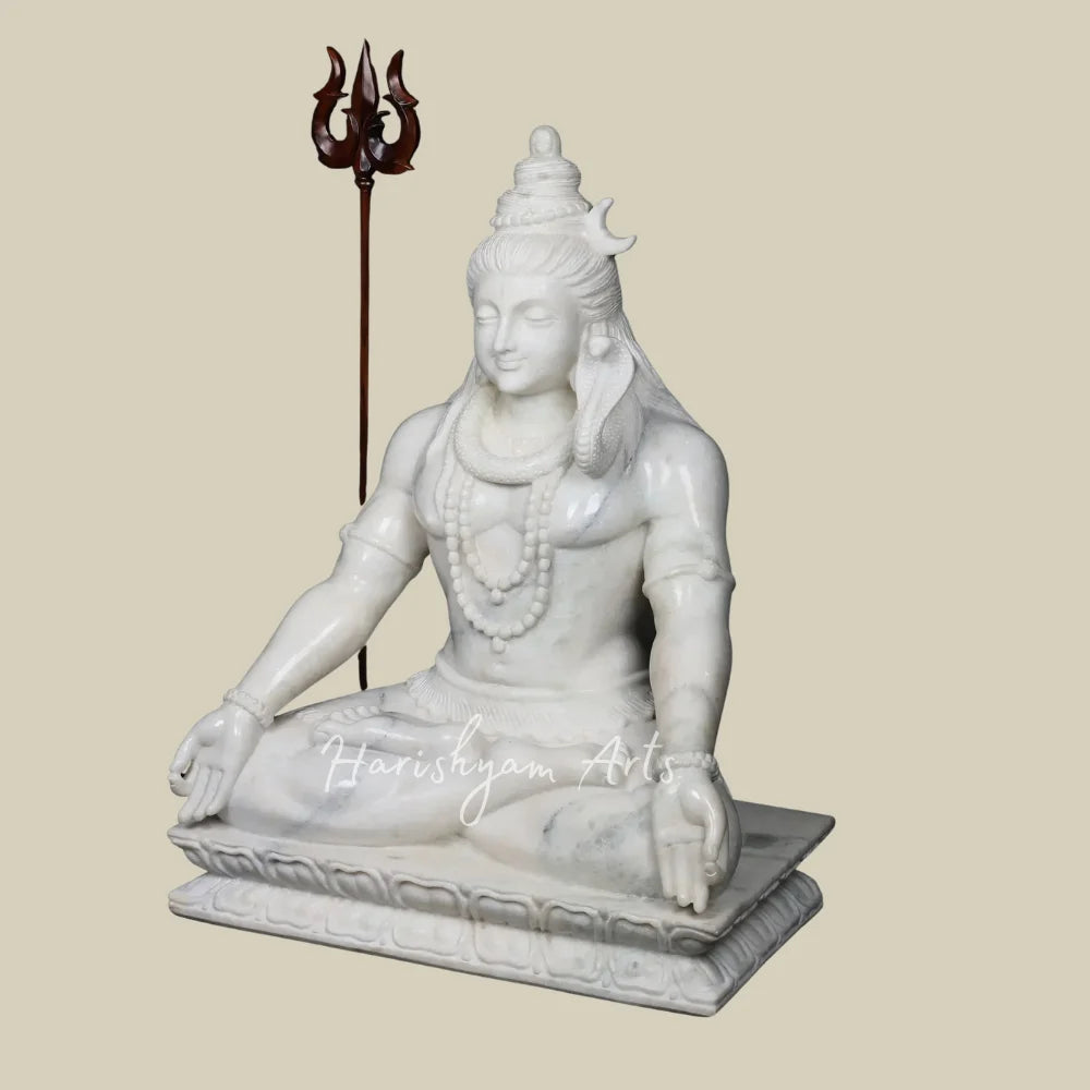 36" Hand Carved White Marble Shiva Murti with Crescent Moon and Serpent for Hindu Worship