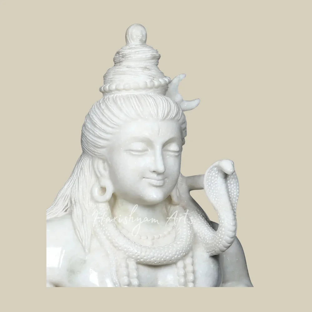 36" Hand Carved White Marble Shiva Murti with Crescent Moon and Serpent for Hindu Worship