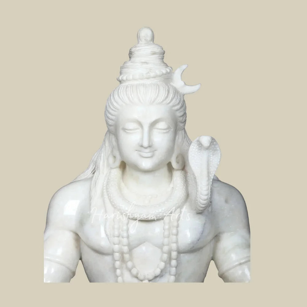 36" Hand Carved White Marble Shiva Murti with Crescent Moon and Serpent for Hindu Worship