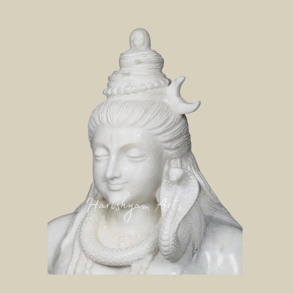 36" Hand Carved White Marble Shiva Murti with Crescent Moon and Serpent for Hindu Worship