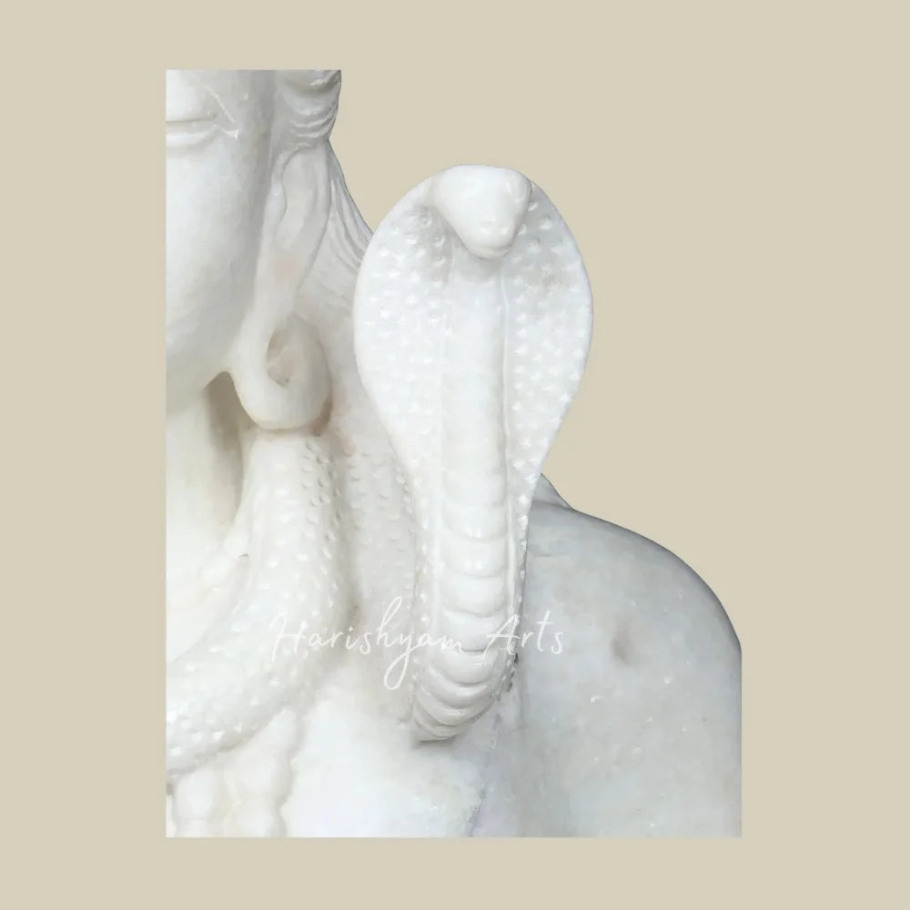 36" Hand Carved White Marble Shiva Murti with Crescent Moon and Serpent for Hindu Worship