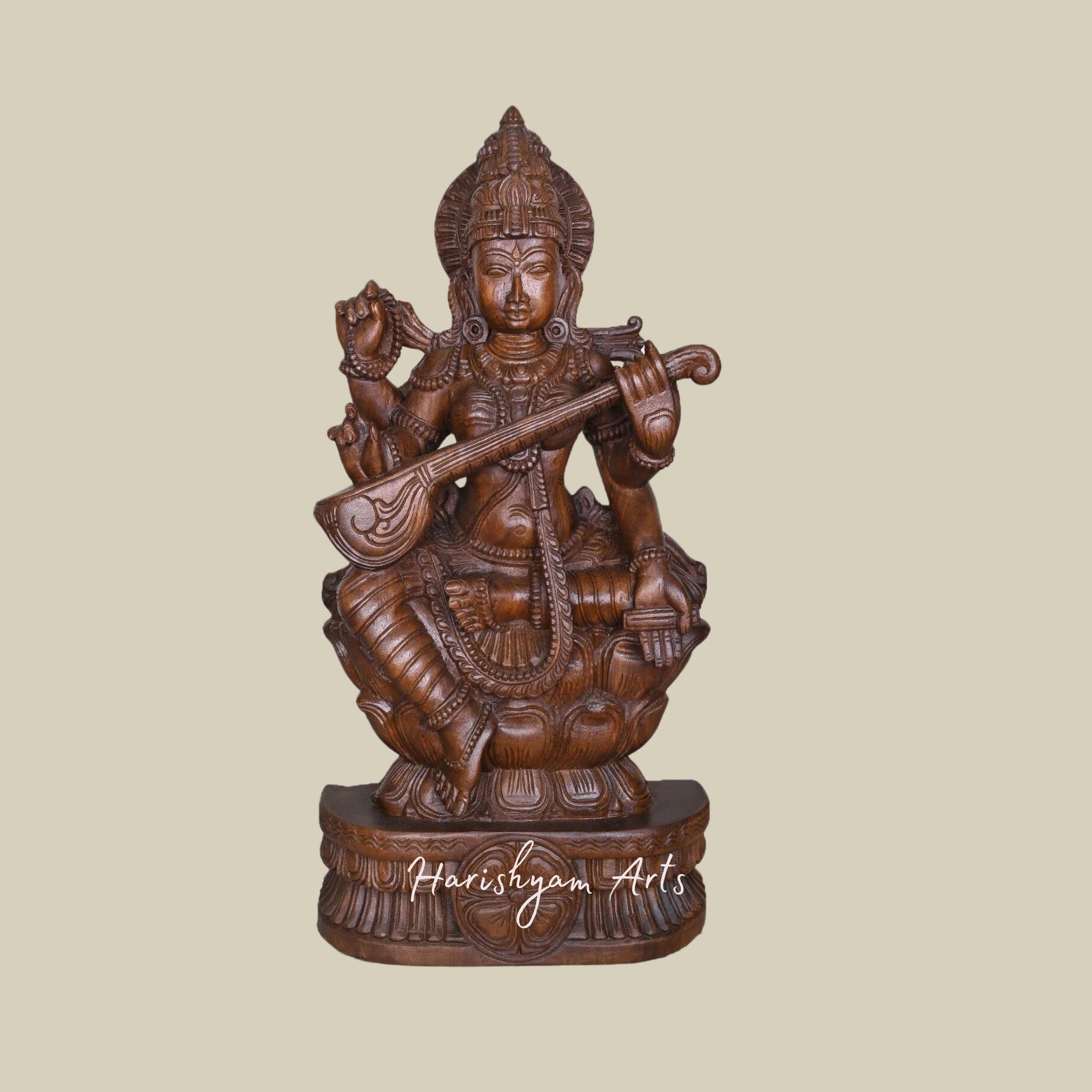 36" Handcrafted Wooden Saraswati Sculpture Seated on Lotus Playing the Veena