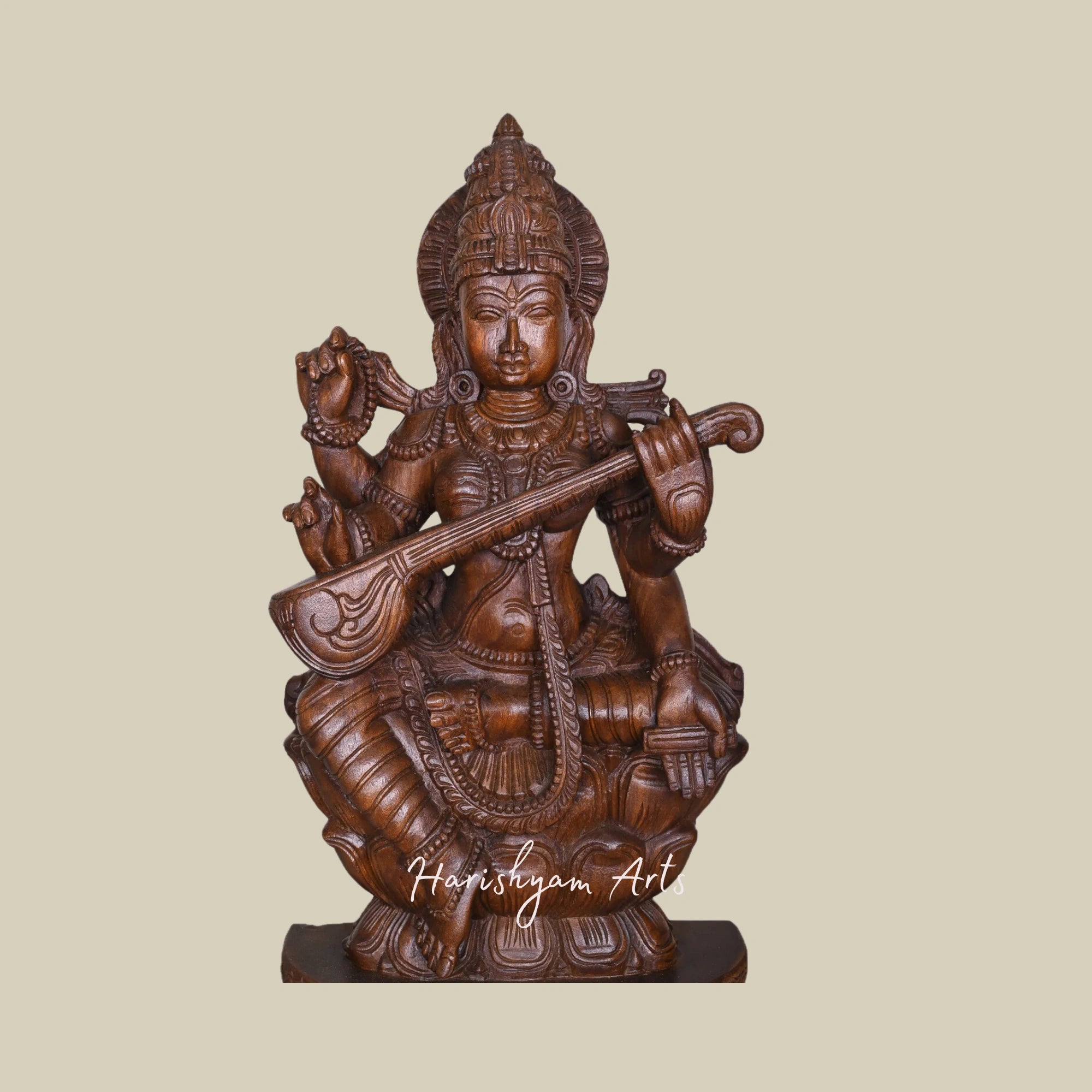 36" Handcrafted Wooden Saraswati Sculpture Seated on Lotus Playing the Veena1