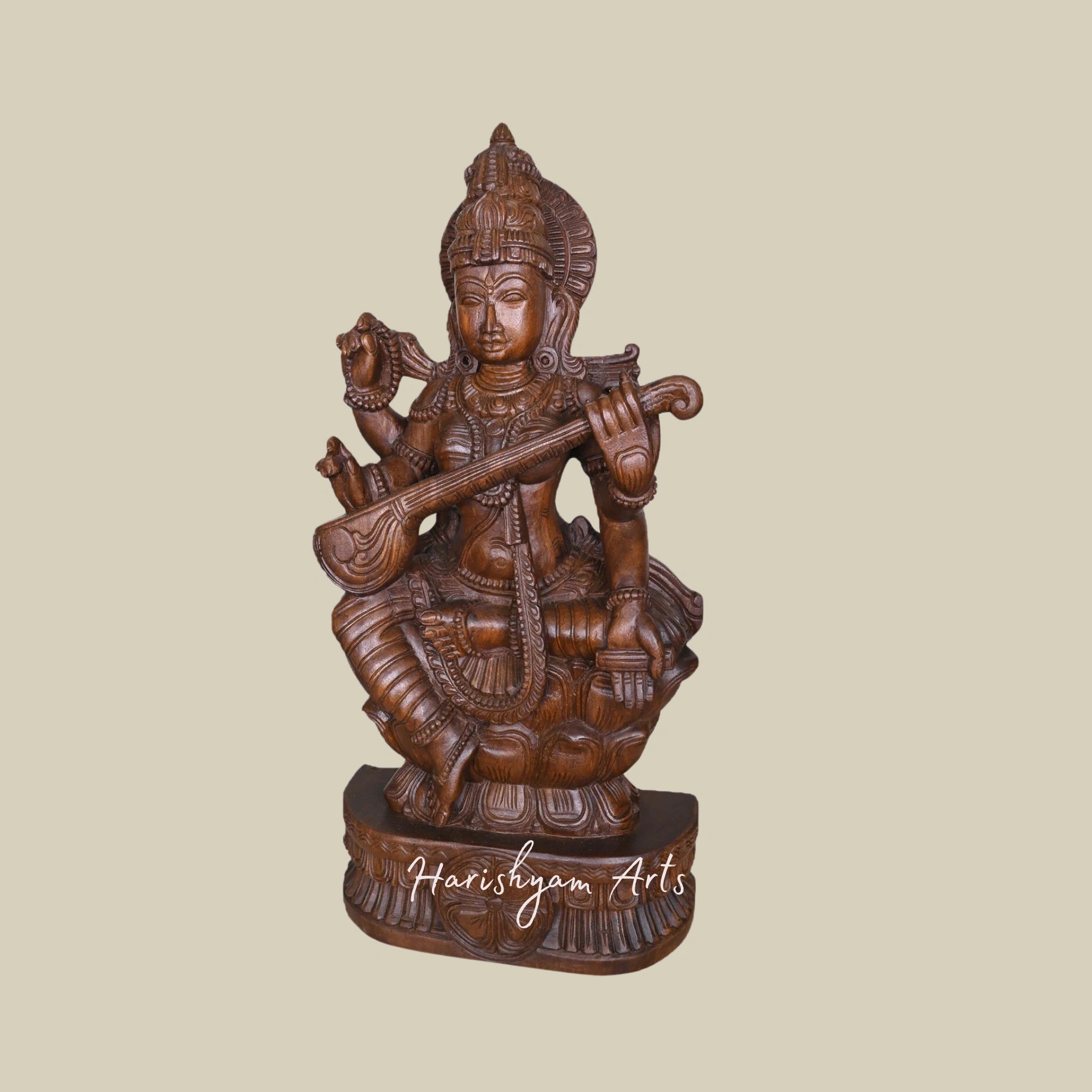 36" Handcrafted Wooden Saraswati Sculpture Seated on Lotus Playing the Veena2